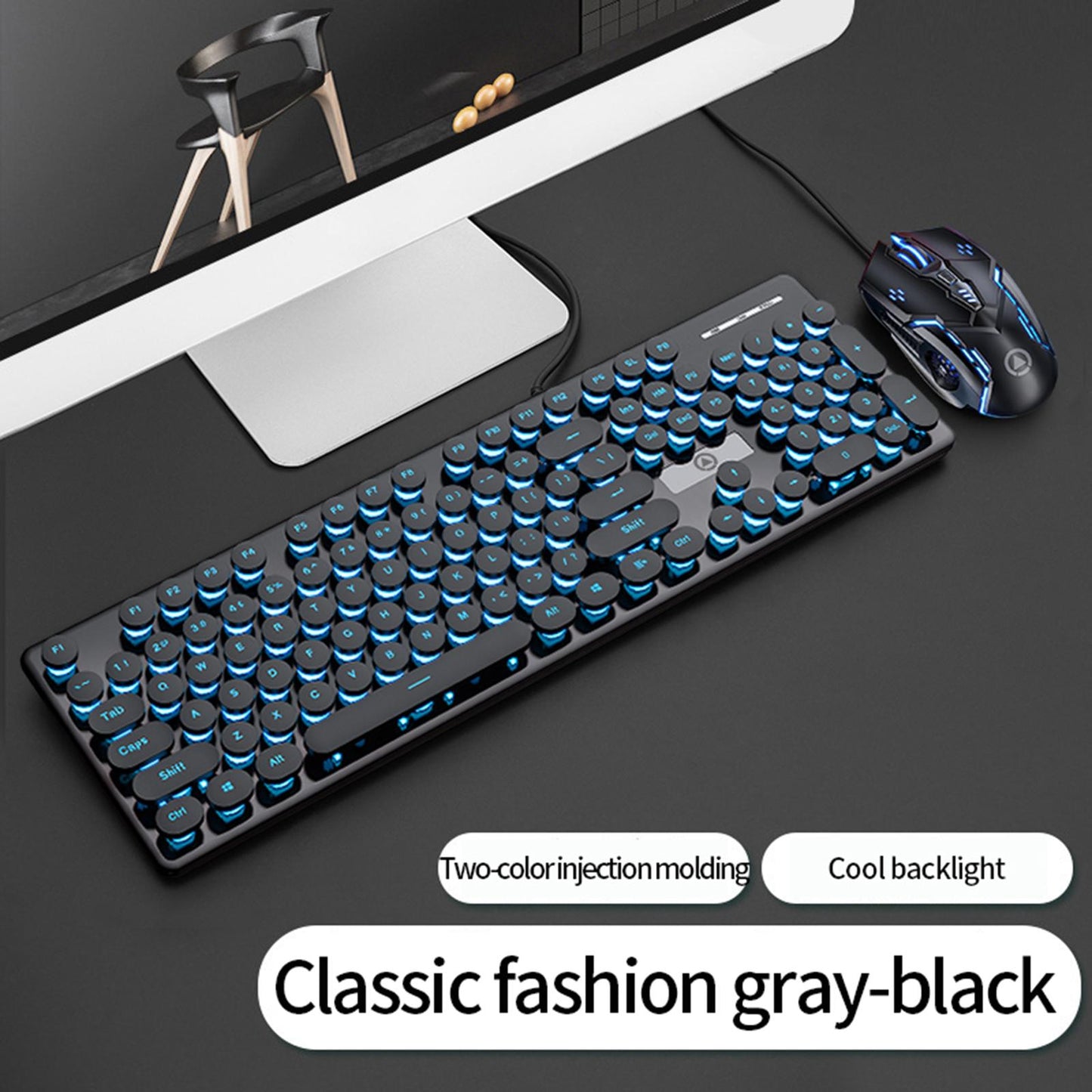 V8 Round Keycaps Gaming Wired Keyboard Mouse for PC Desktop Green