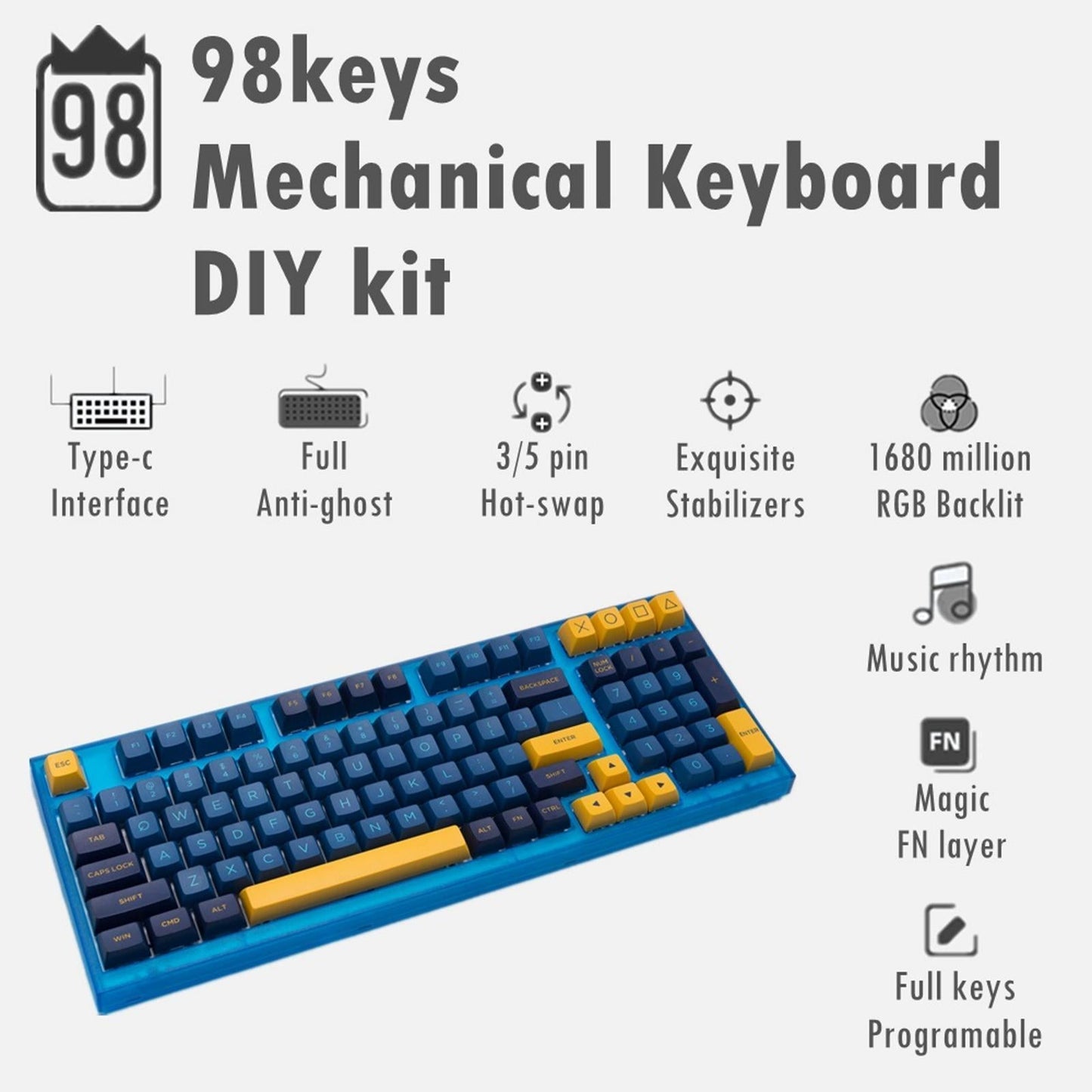 NT980 Hot Swap Mechanical Keyboard Kit RGB Light  Transparent Blue