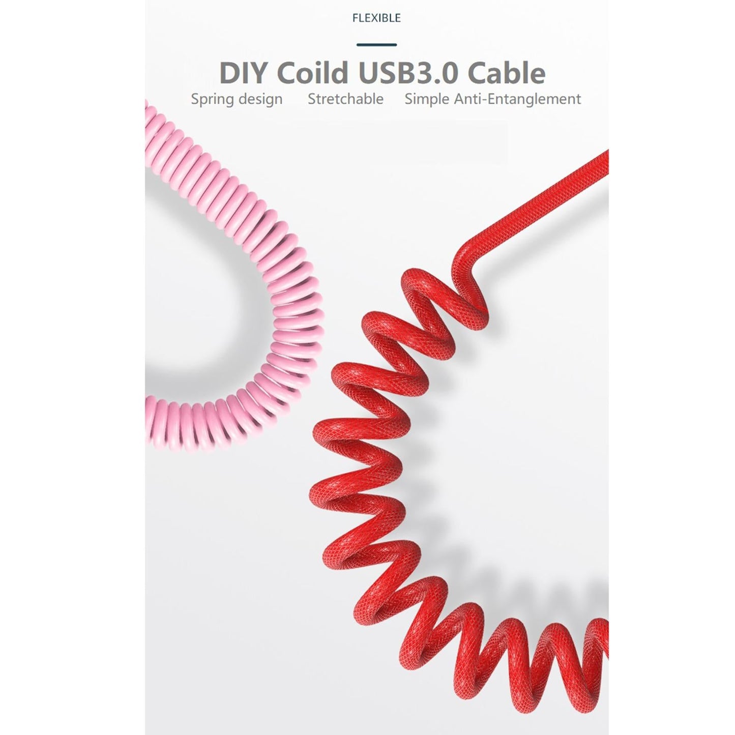 2.2M Type-C Keyboard Cable Coiled USB for Mechanical Keyboard Metal  White