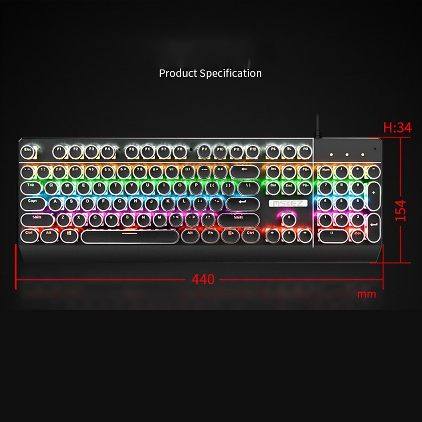 Mechanical Gaming Keyboard RGB Backlit 104 Keys for PC Black Round Keycap