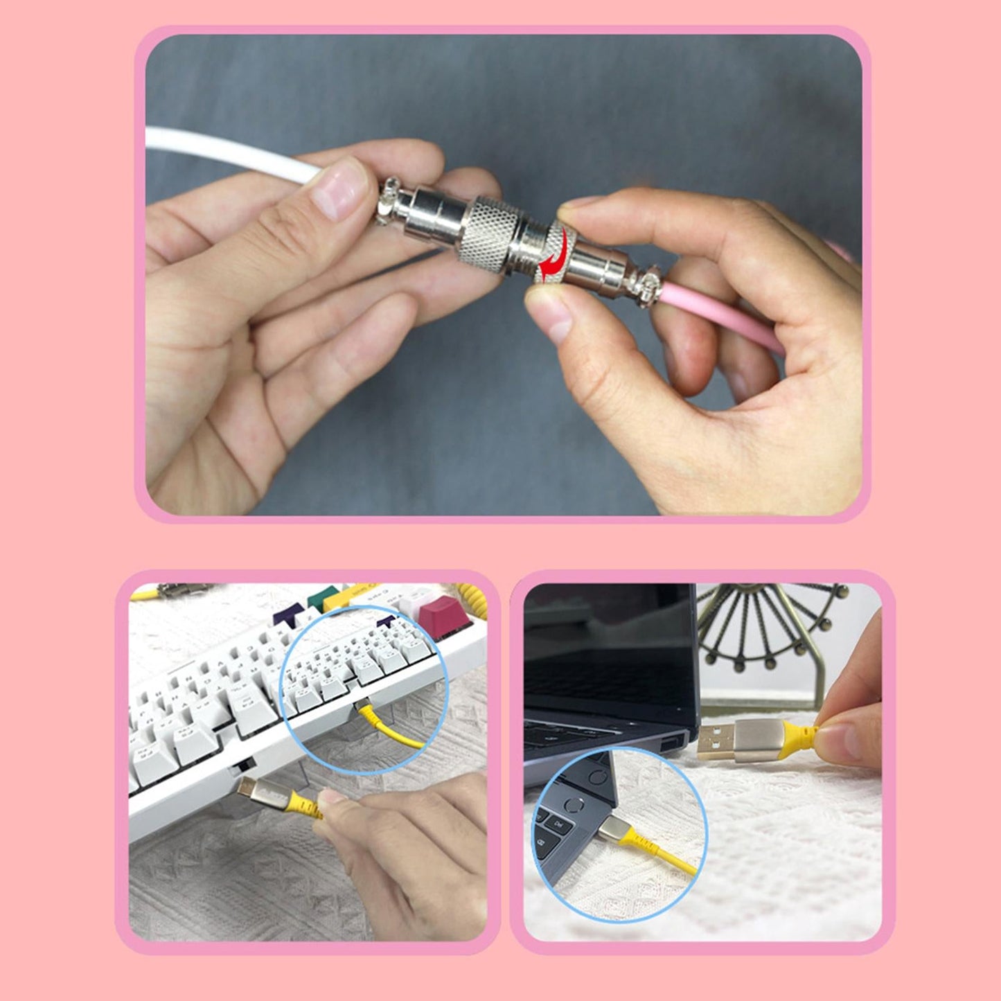 Coiling Spring Spiral Cable Detachable Type-C Cable for Keyboard white pink