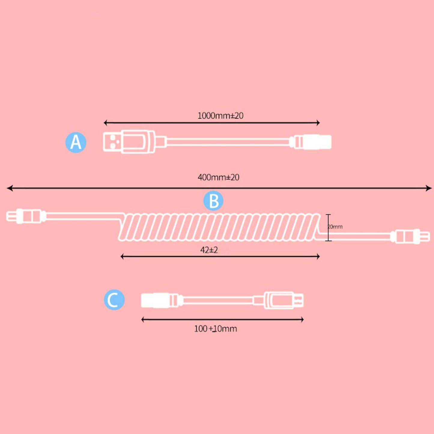 Coiling Spring Spiral Cable Detachable Type-C Cable for Keyboard white pink