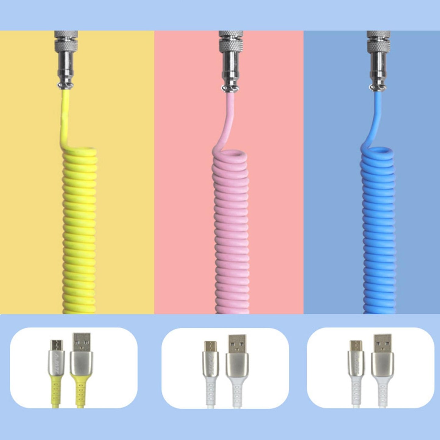 Coiling Spring Spiral Cable Detachable Type-C Cable for Keyboard white blue