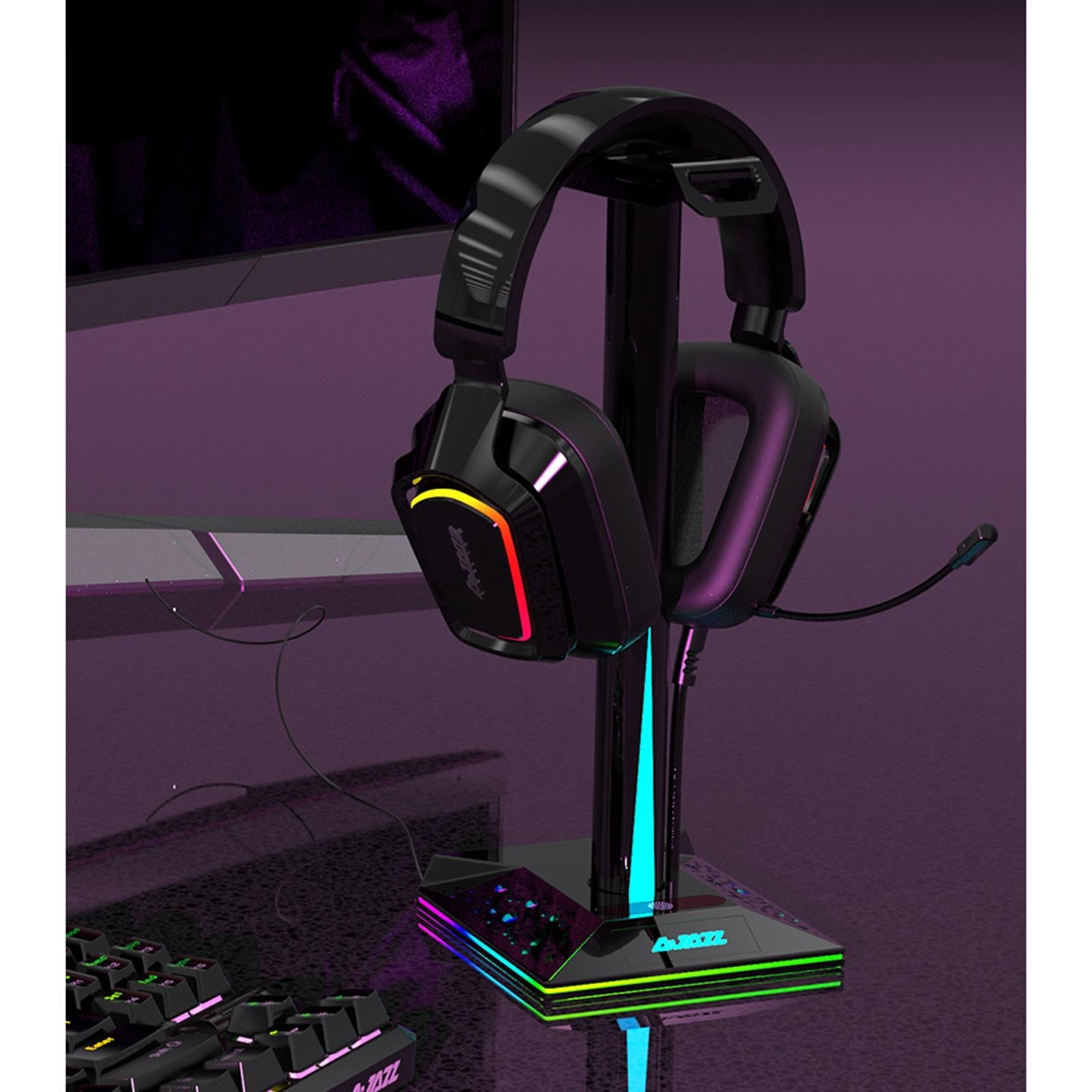 RGB Headphone Stand 2 USB Ports 3.5mm AUX Bse for PC Gaming Headset Black