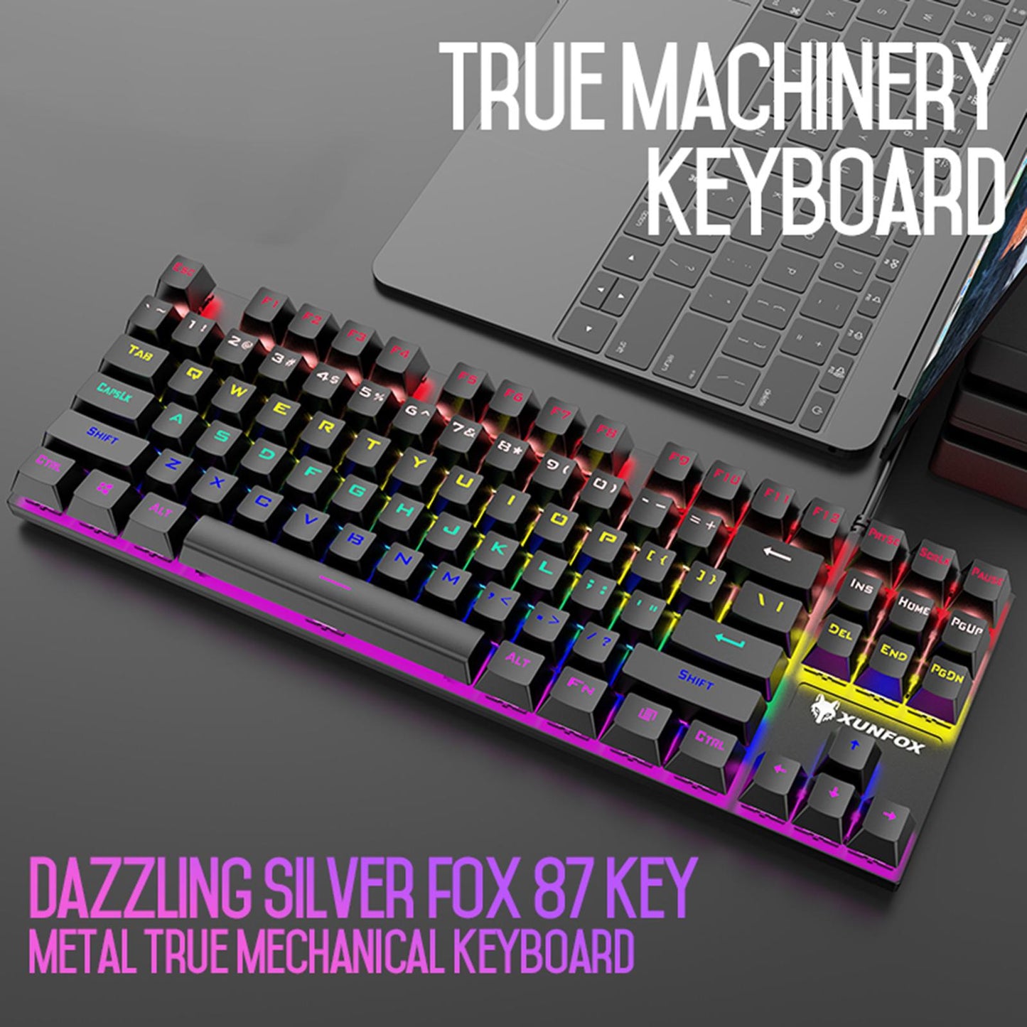 87 Keys Gaming Mechanical Keyboard Wired Rainbow Backlit Durable Non Slip D
