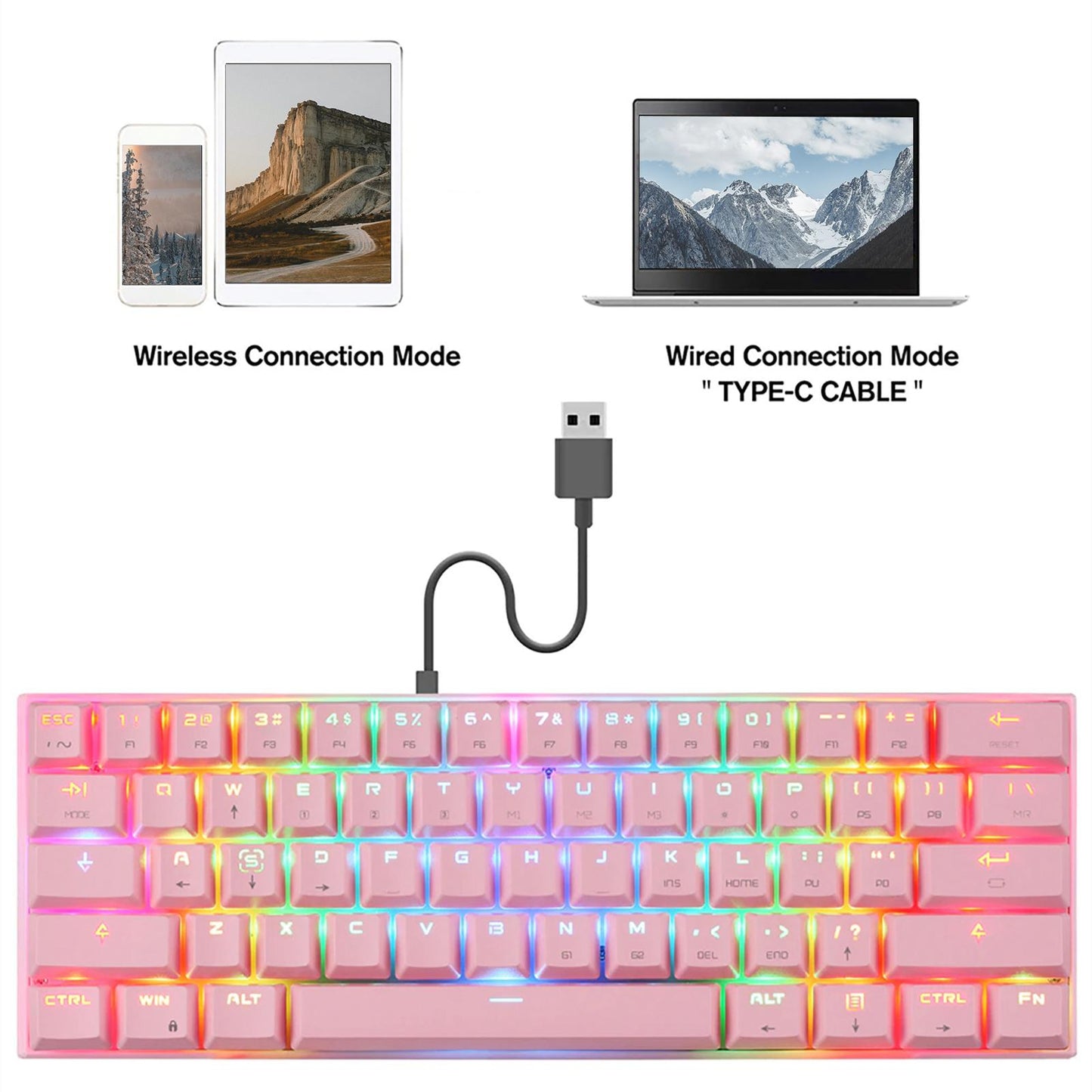 Mechanical Keyboard 61 Key ABS Plasic Classic Durable for Laptop Computer White Red Shaft