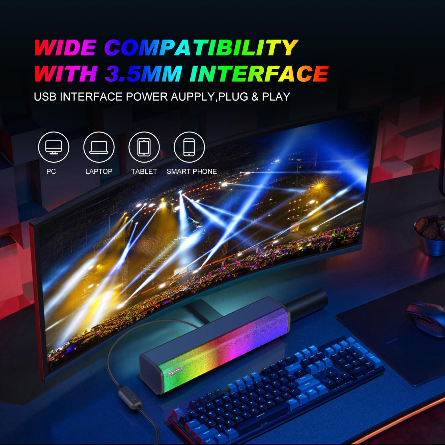 Wired Computer Speaker Usb-Powered 3D Surround for Tablets Projector Desktop