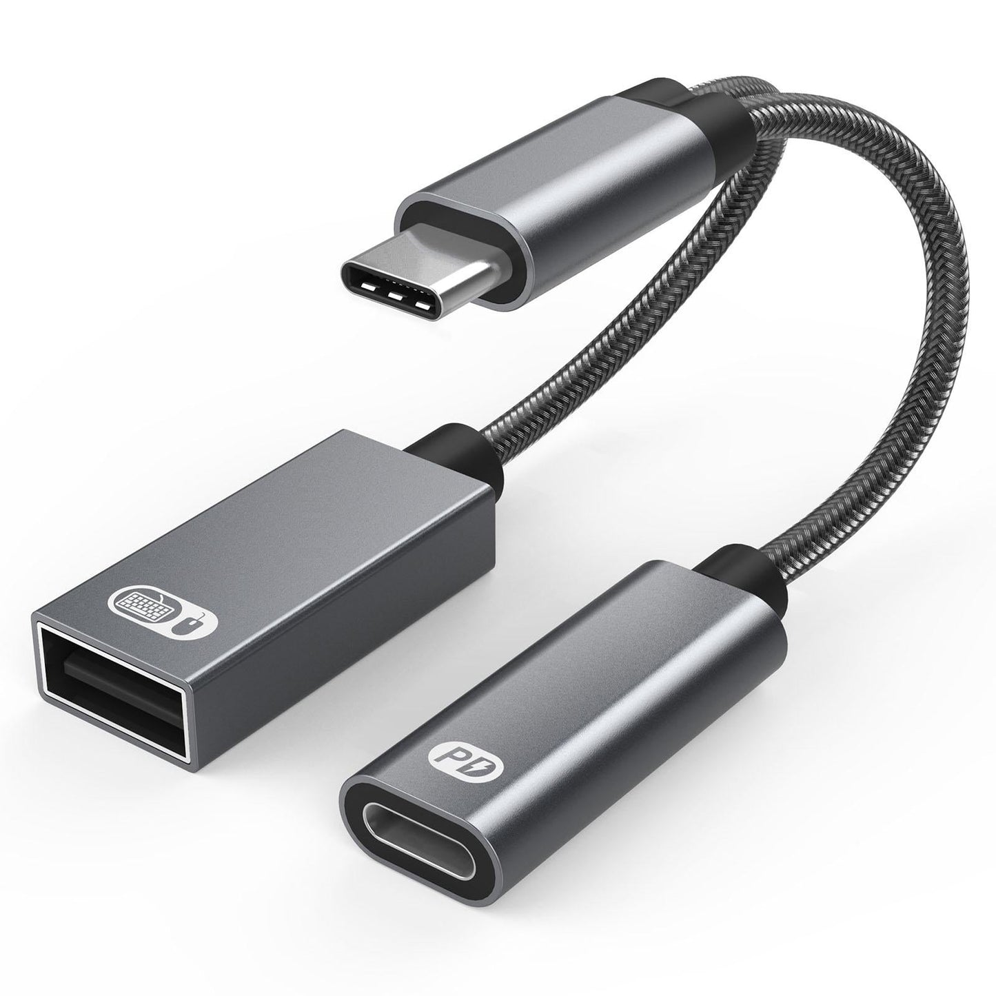 USB C OTG Adapter with Fast Charging Braided Cord PD 60W for Laptop gray