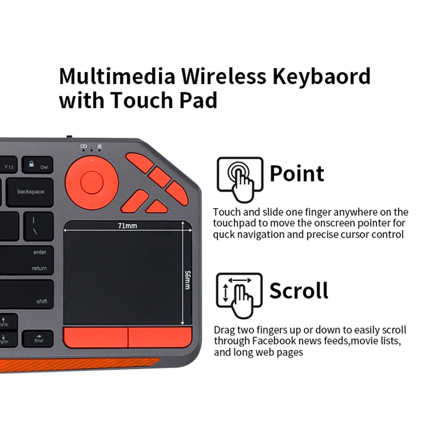 Mini Bluetooth+2.4G Wireless Keyboard with Touchpad for TV Tablet  Black