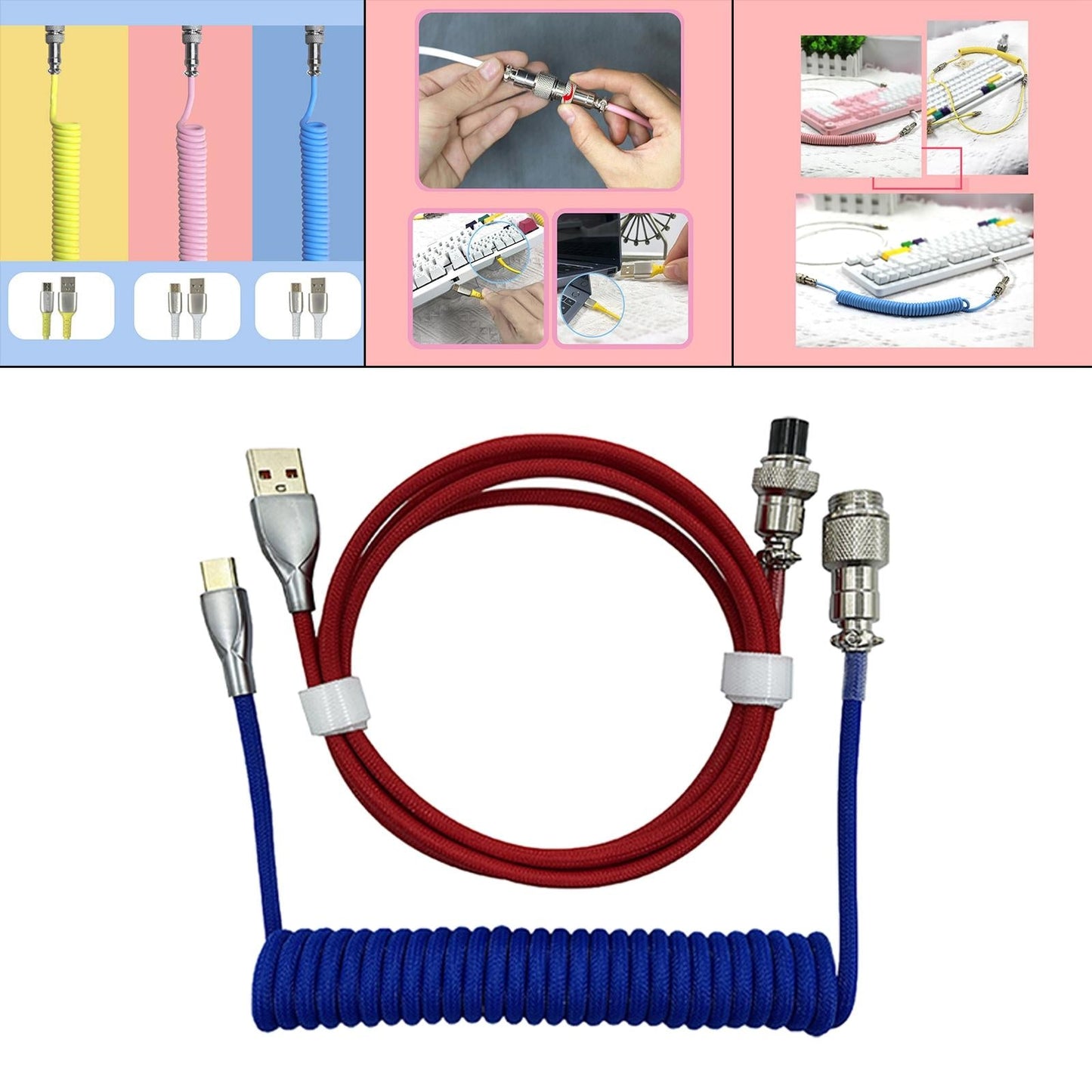 USB to Type C Coiled Cable Type C Line Mechanical Keyboard Dark Blue Red