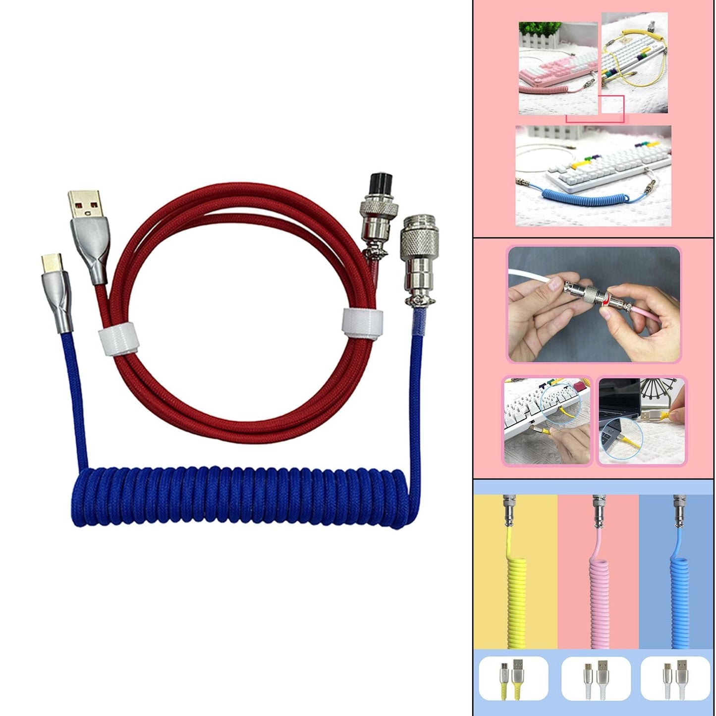 USB to Type C Coiled Cable Type C Line Mechanical Keyboard Dark Blue Red