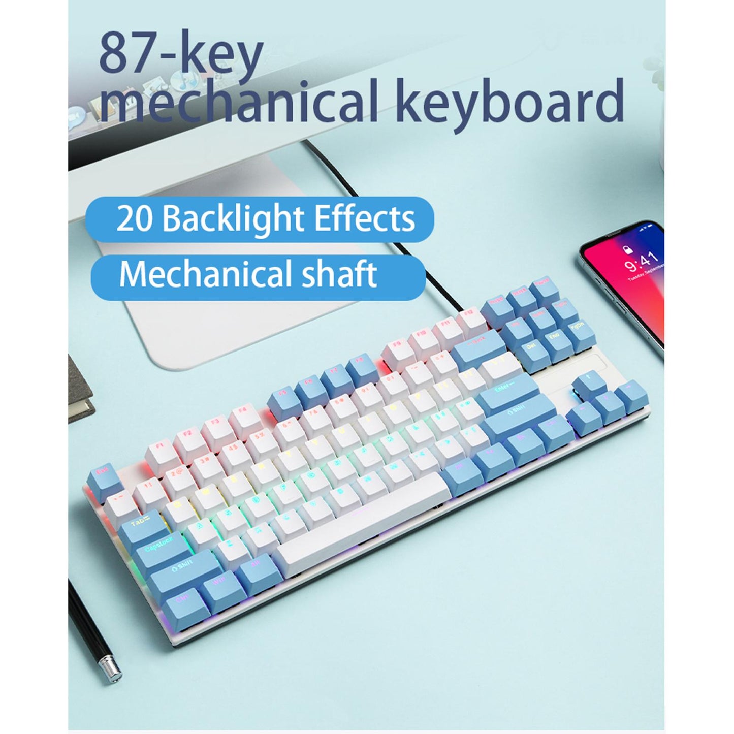 USB C Wired 87Keys Gaming Keyboard RGB Backlight Durable green shaft A