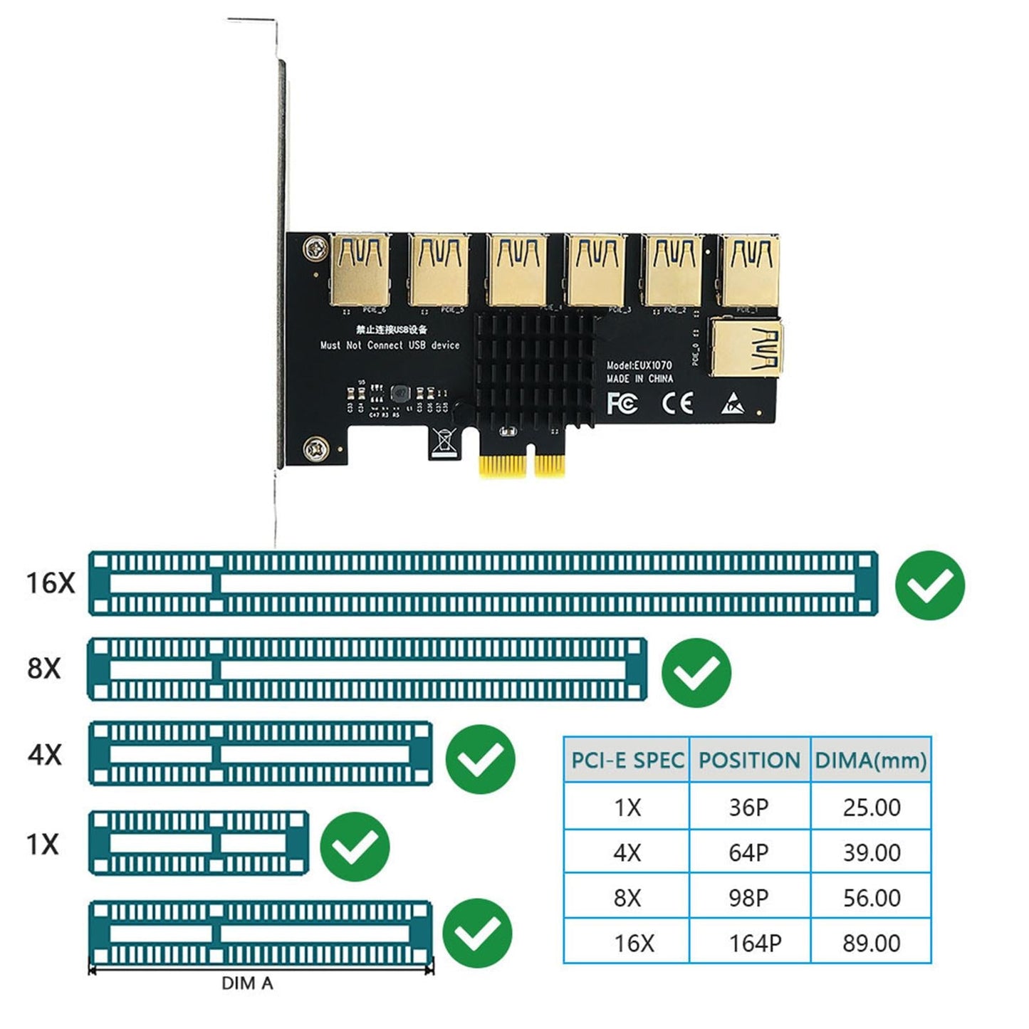PCIe 1 to 7 PCI Express USB3.0 Ethereum Mining 1x to 7x for 7 / 8 / 10