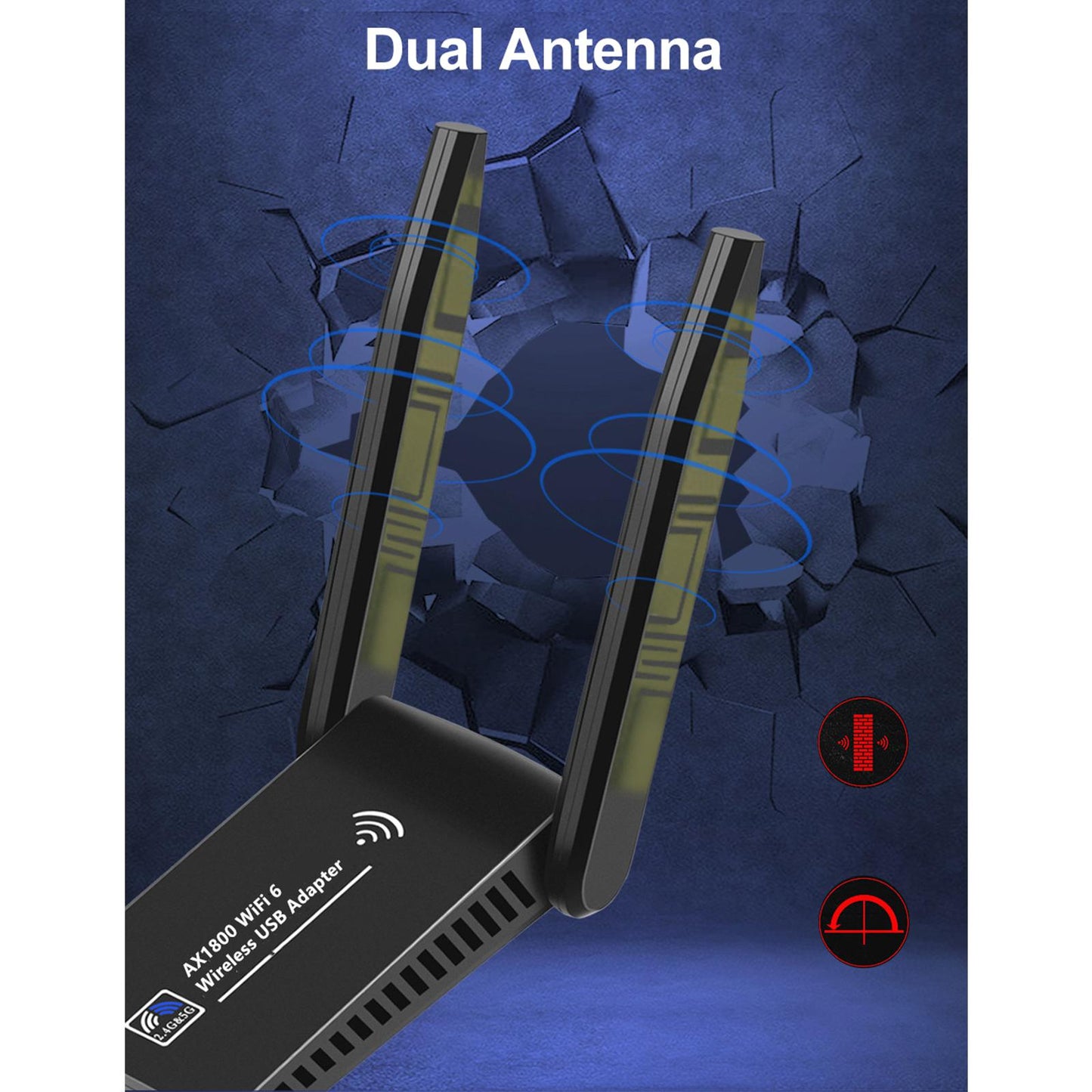 USB WiFi Adapter 1800Mbps Dual Band W/ External Antenna WiFi 6 for PC Laptop