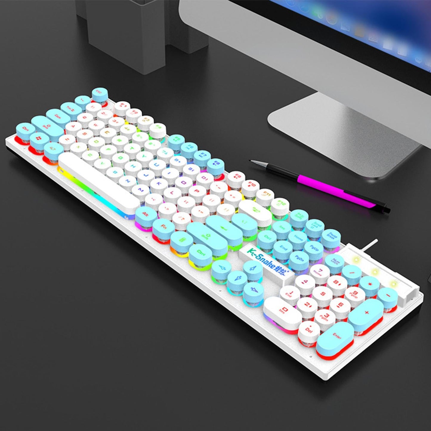 Gaming Keyboard 104 Keys Wired USB RGB LED Backlit for Computer  White Blue