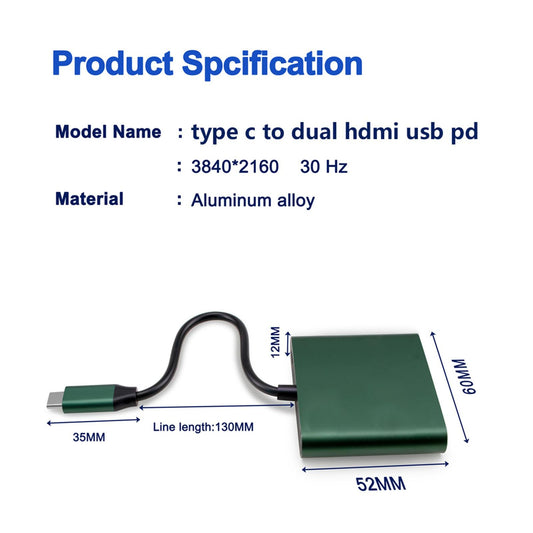 USB Type C to Dual HDMI Adapter 4K 30Hz for Windows for Mac OS 4 in 1