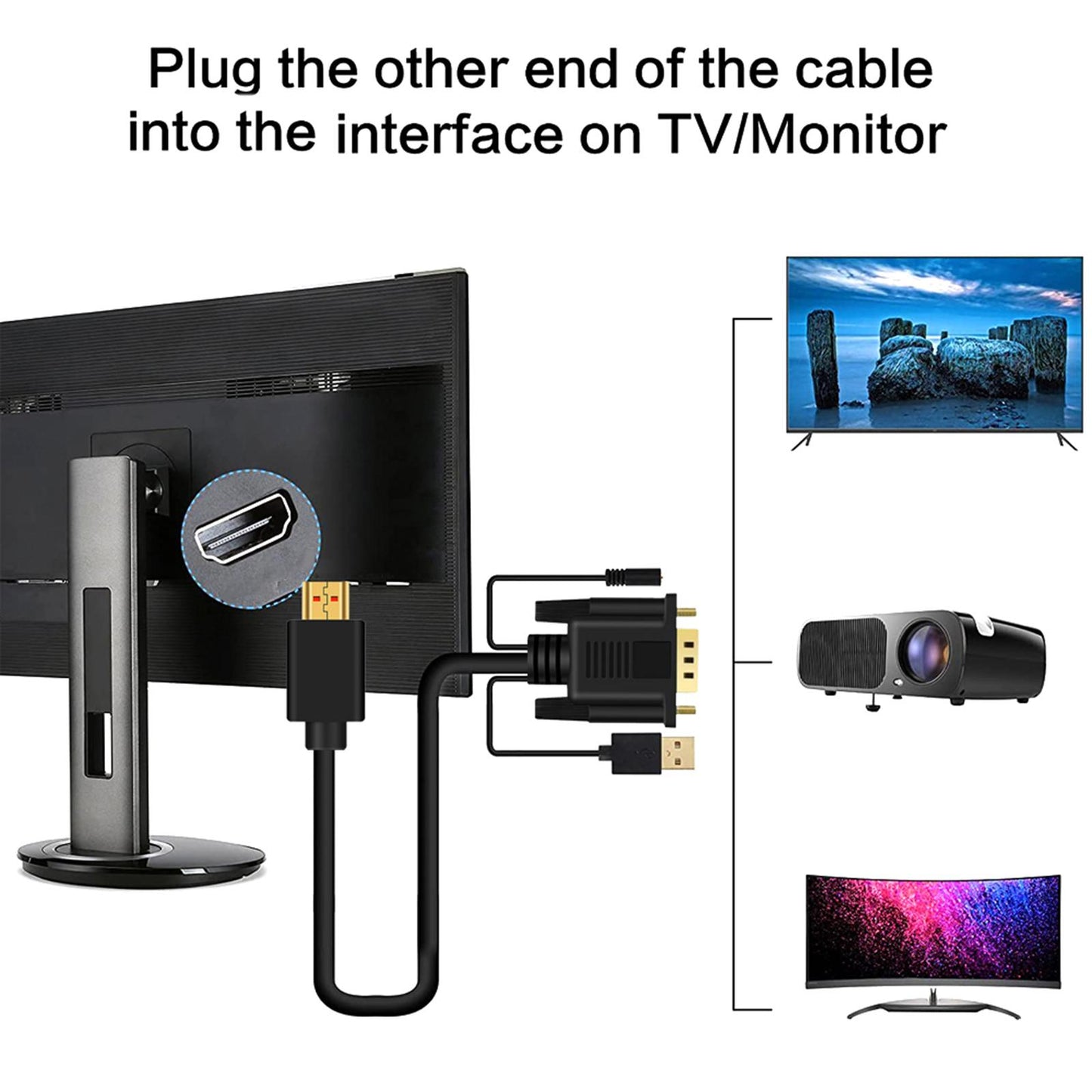 HDMI to VGA Cable 1080P Gold Plated HDMI Male to VGA Male for PC HDTV Laptop 2m