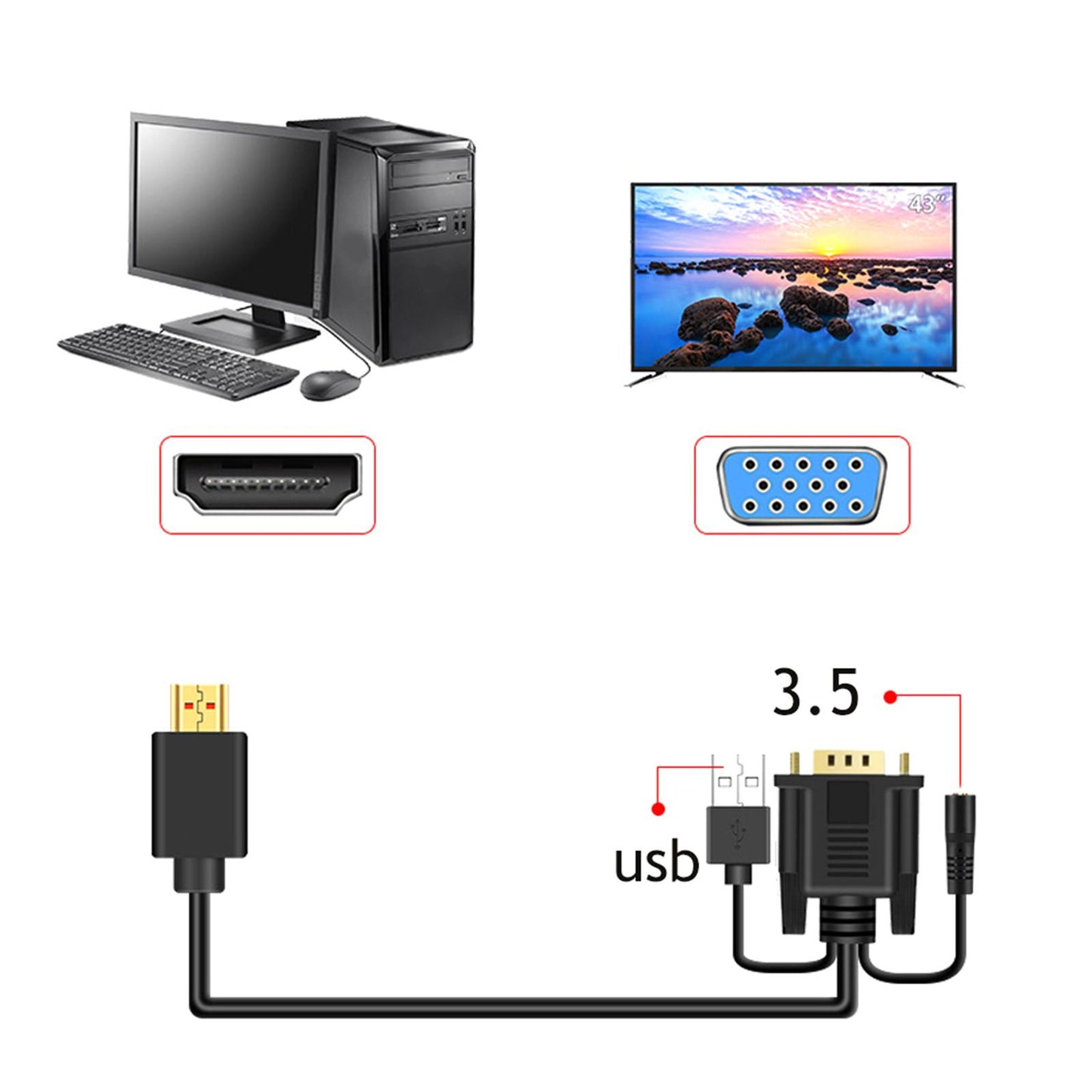HDMI to VGA Cable 1080P Gold Plated HDMI Male to VGA Male for PC HDTV Laptop 2m