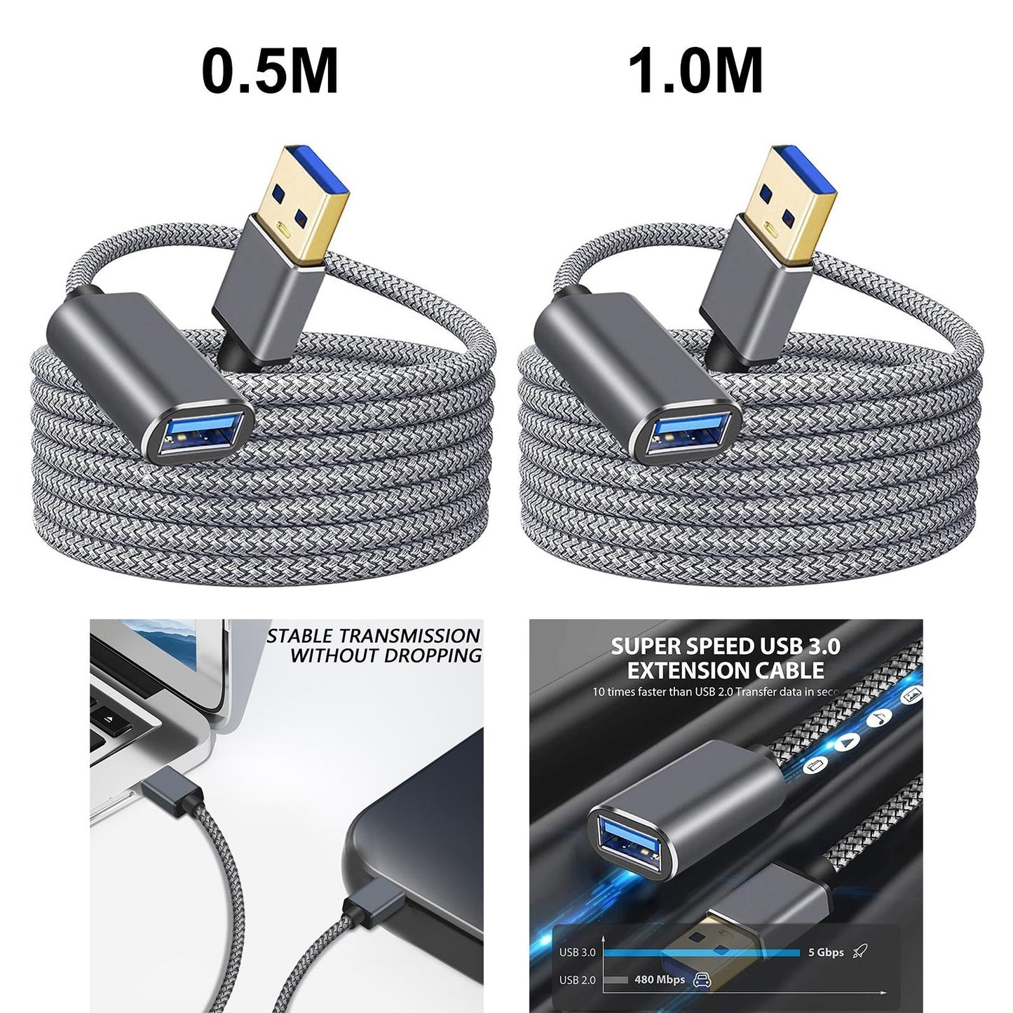 USB 3.0 Extension Cable Durable Portable for USB Hub USB Keyboard 0.5m