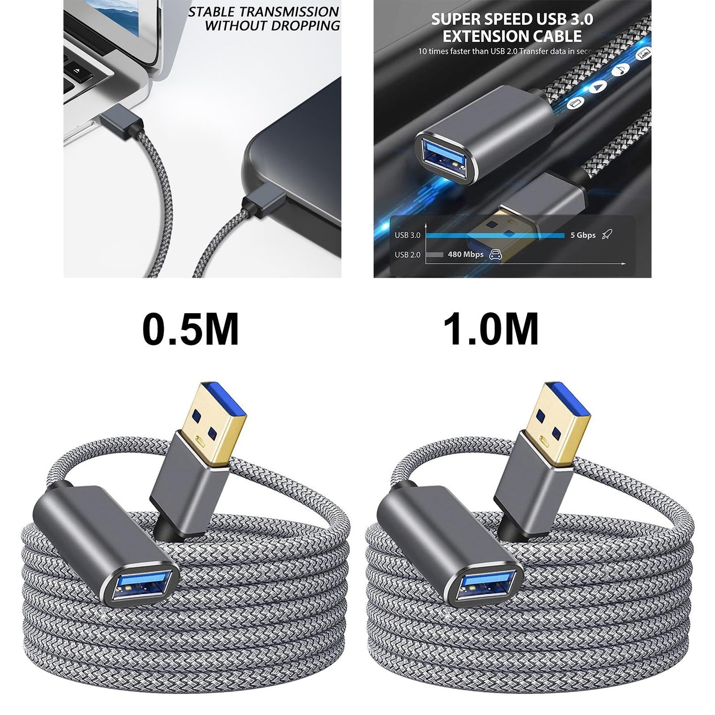 USB 3.0 Extension Cable Durable Portable for USB Hub USB Keyboard 0.5m