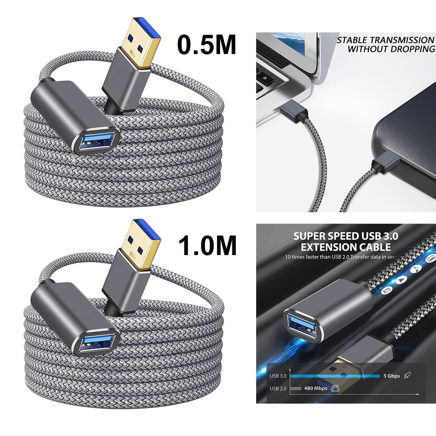 USB 3.0 Extension Cable Durable Portable for USB Hub USB Keyboard 0.5m