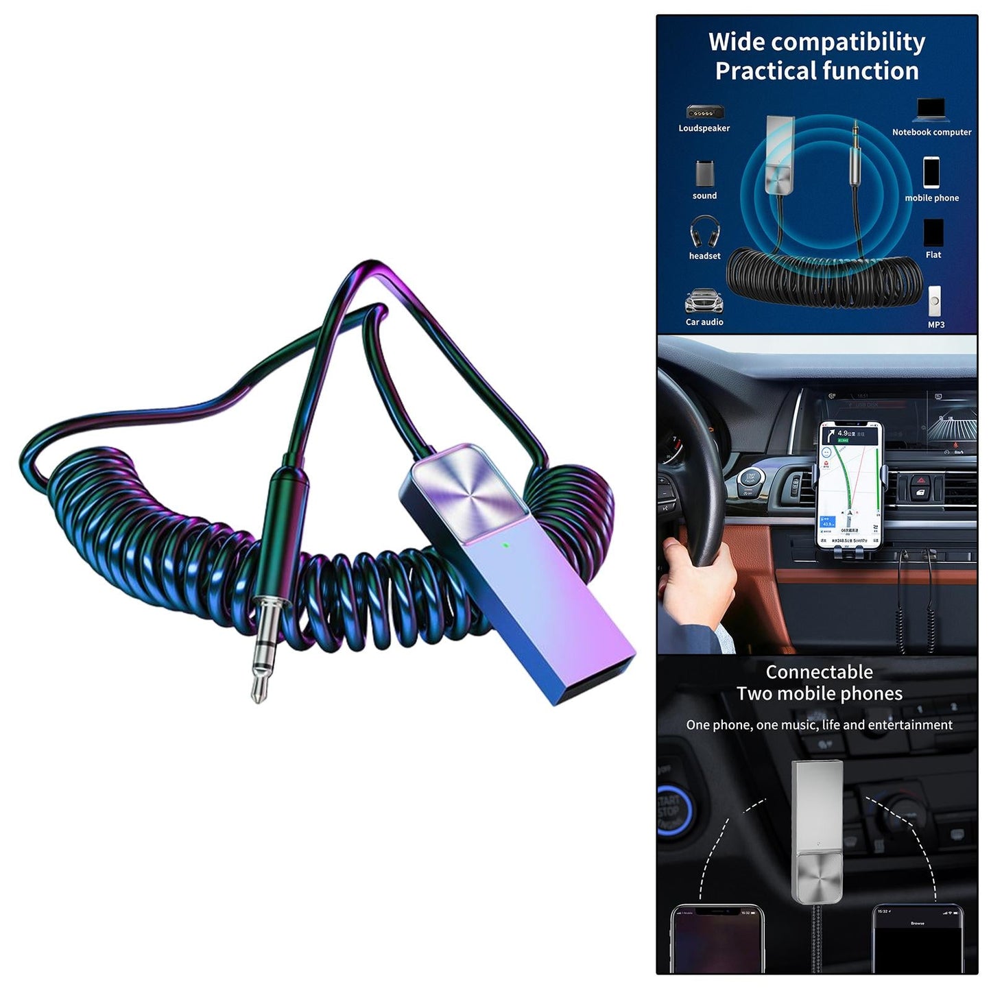 USB 3.5mm AUX adapter for car Receiver Wireless TPE Elastic Cable, Braided