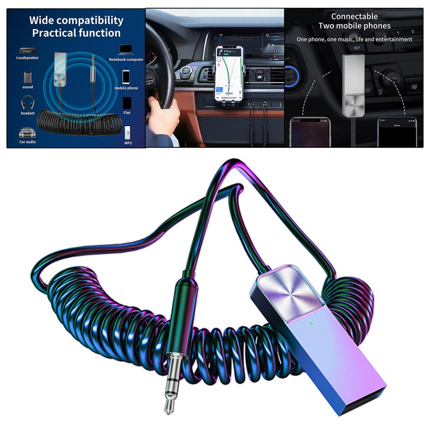 USB 3.5mm AUX adapter for car Receiver Wireless TPE Elastic Cable, Braided