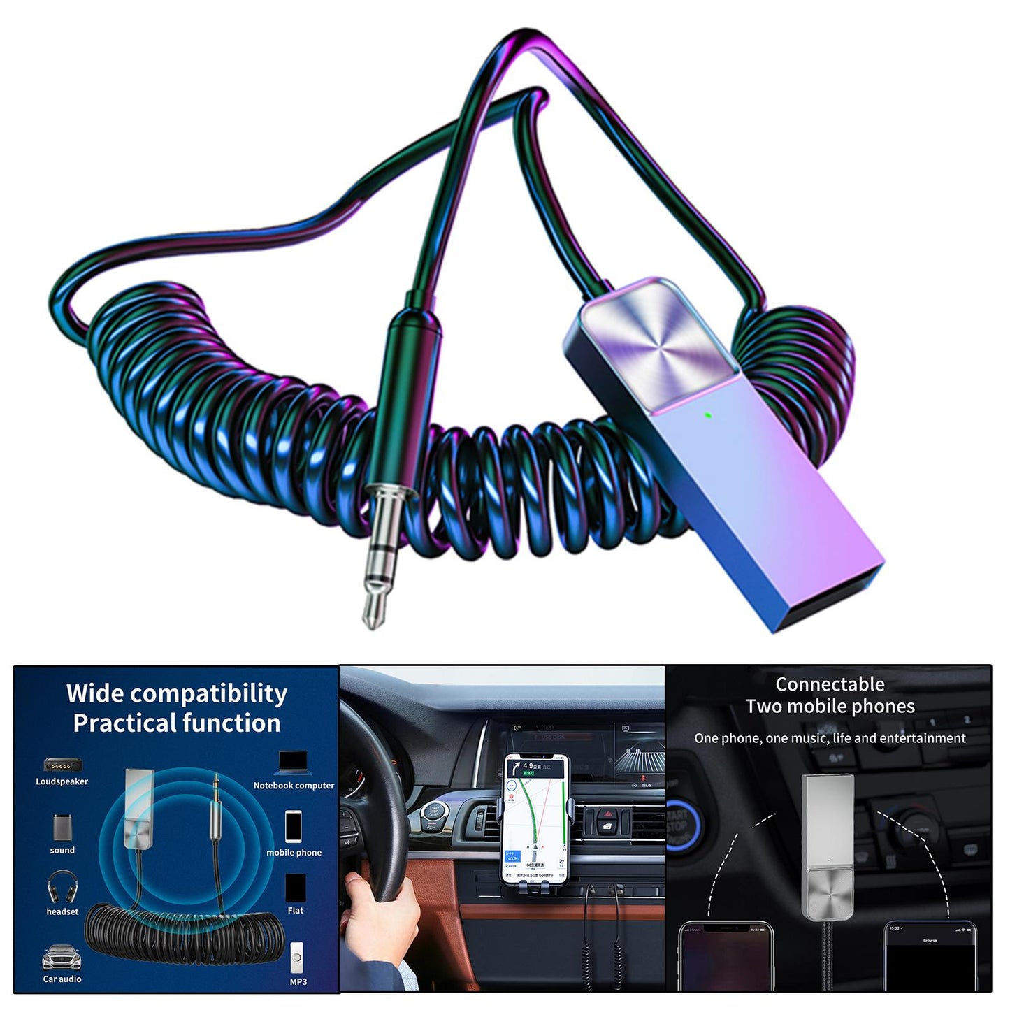 USB 3.5mm AUX adapter for car Receiver Wireless TPE Elastic Cable, Braided