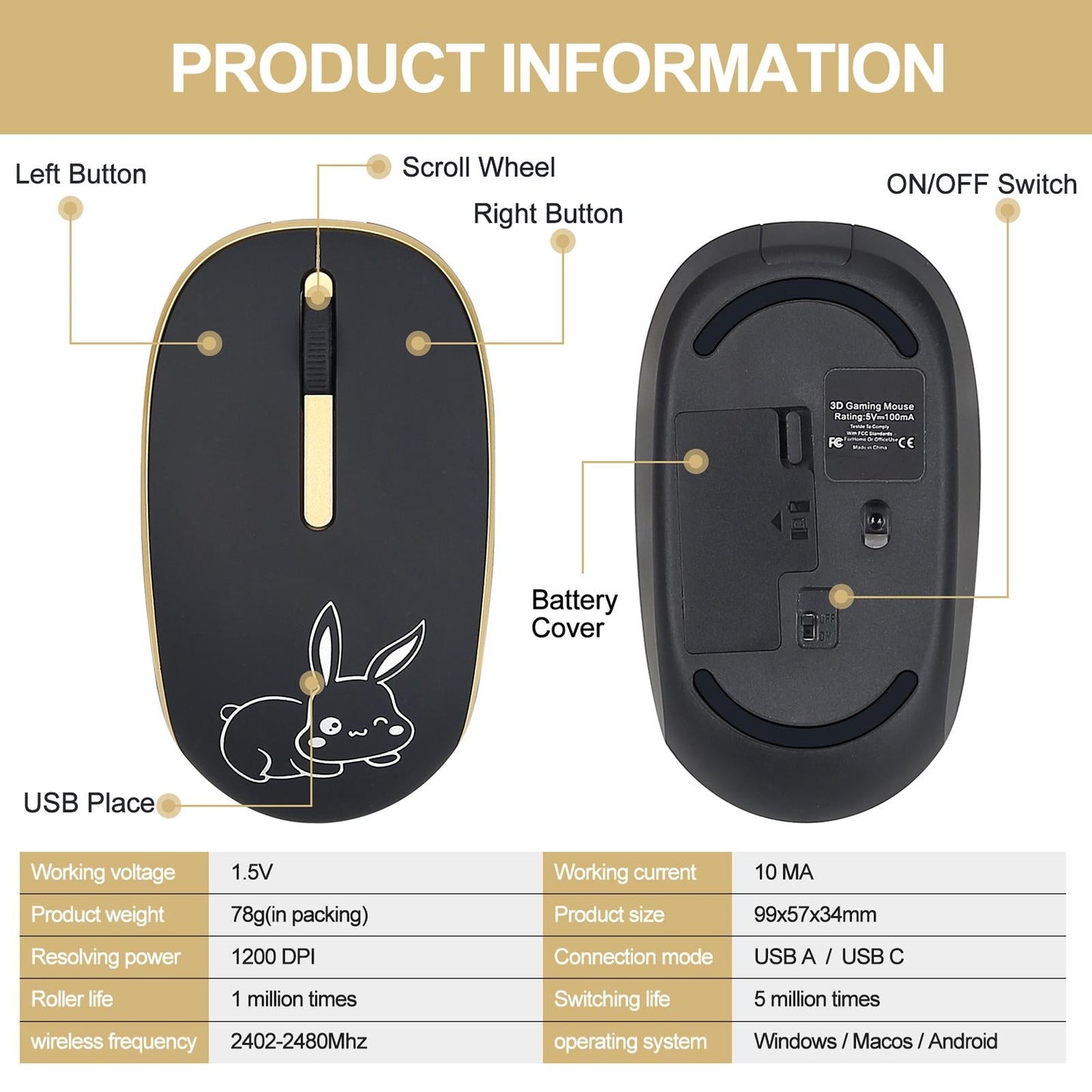 2.4G Wireless Mouse with usb and Type C Receivers for Notebook PC Laptop