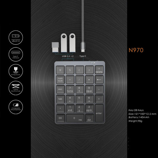 Numeric Keypad Rechargeable with USB Hub for Desktop Notebook Grey