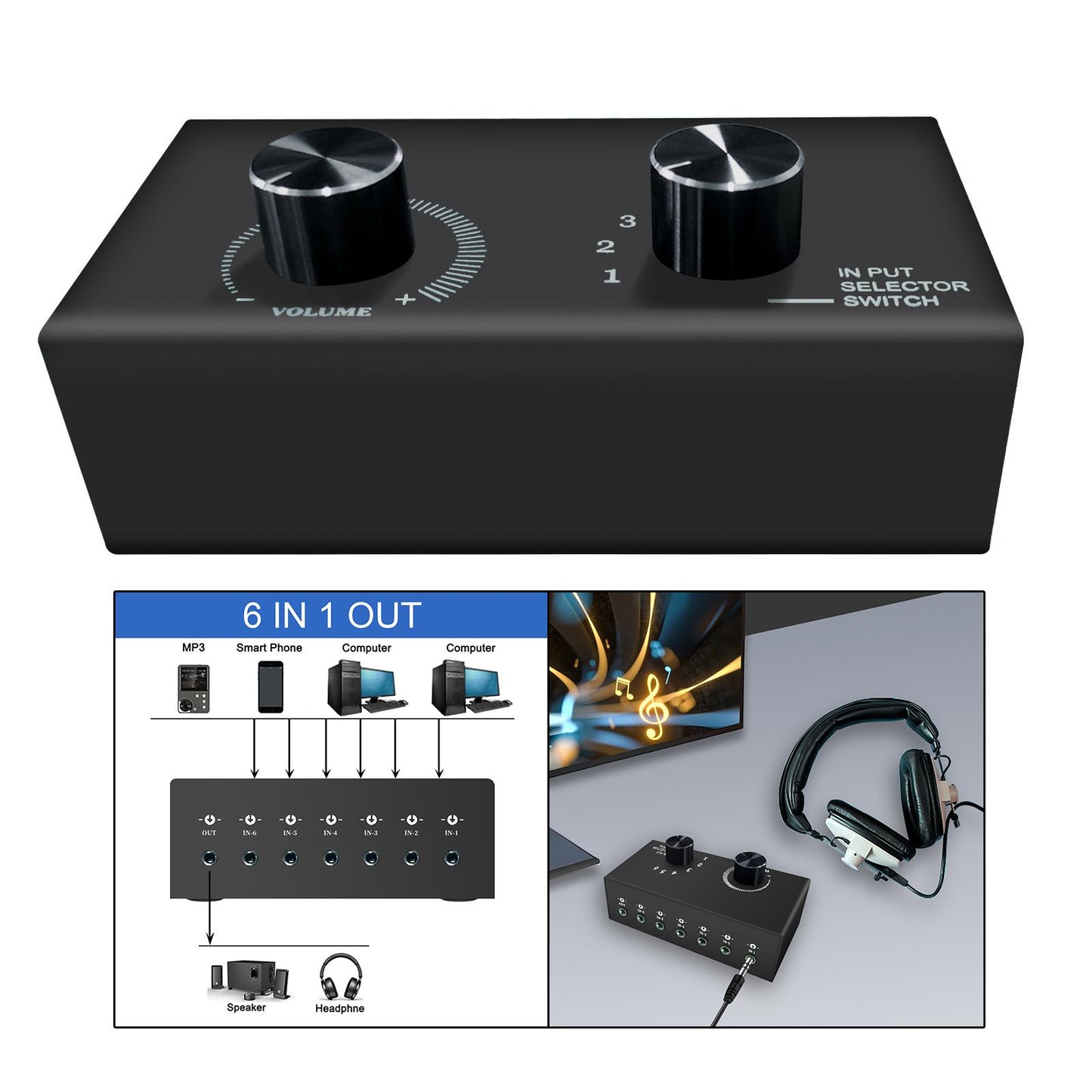Audio Switch Audio Switcher Box 6 in 1 Out Portable Compact for Laptop Phone
