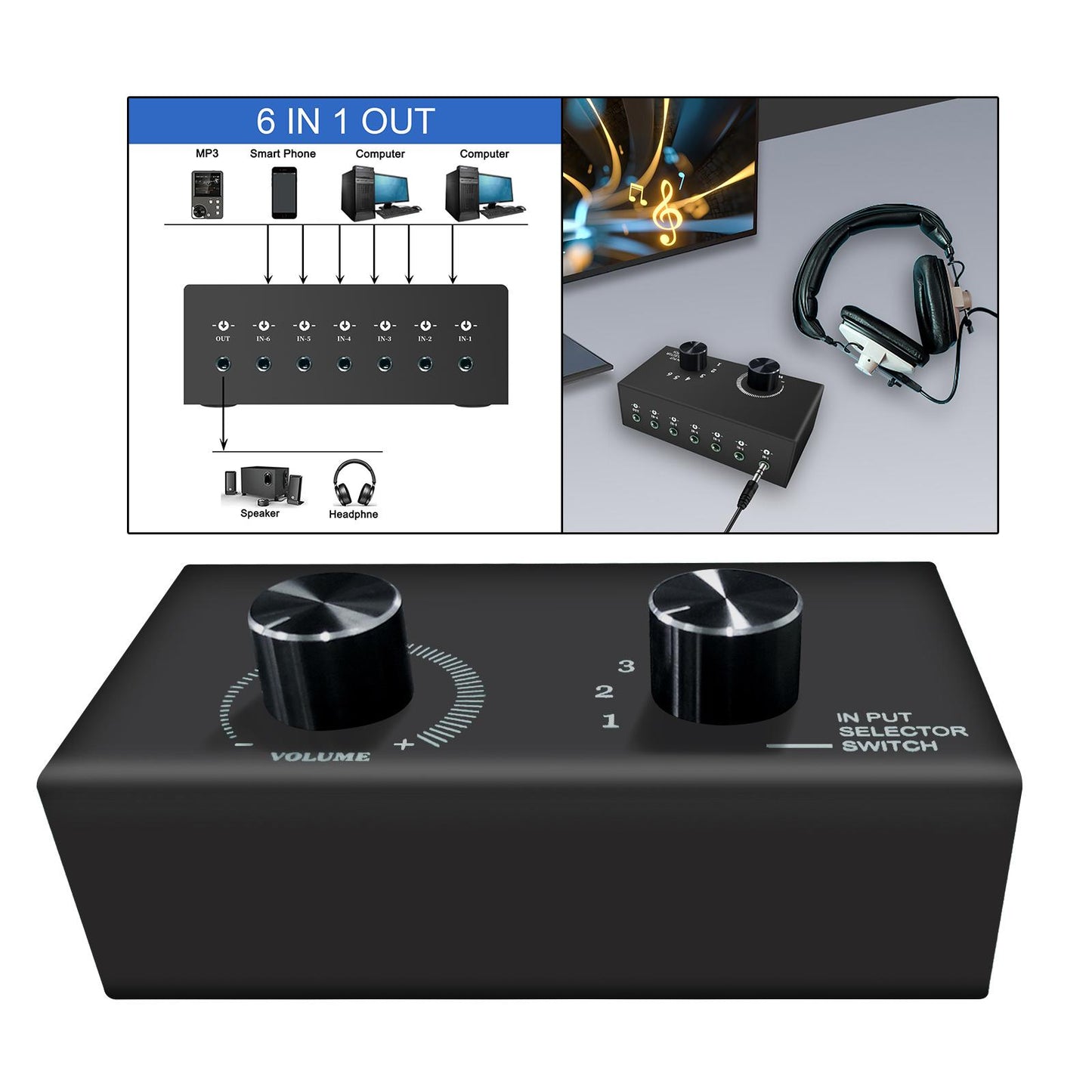 Audio Switch Audio Switcher Box 6 in 1 Out Portable Compact for Laptop Phone