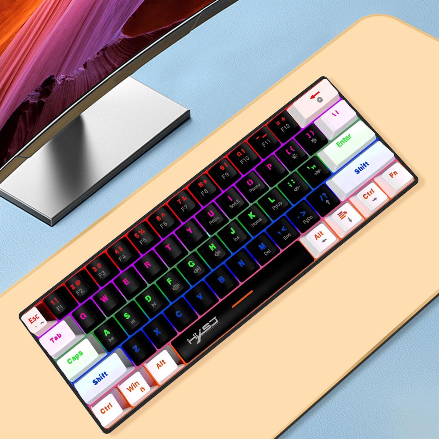 Mechanical Keyboard Mini 61 Keys Mechanical Axis Light Adjustment for Office Whiteblack blackcase