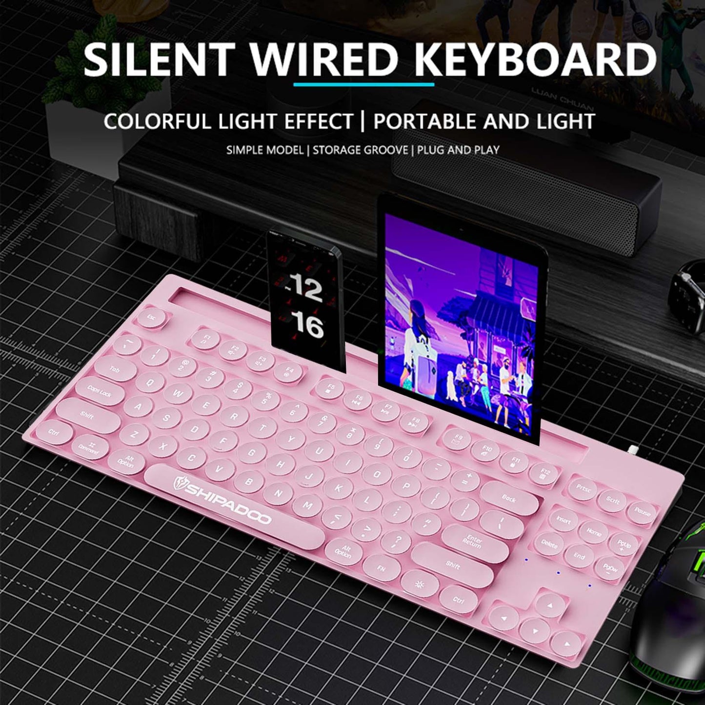 Mechanical Gaming Keyboard Rainbow Backlit for Gamer Office Worker Desktop Pink