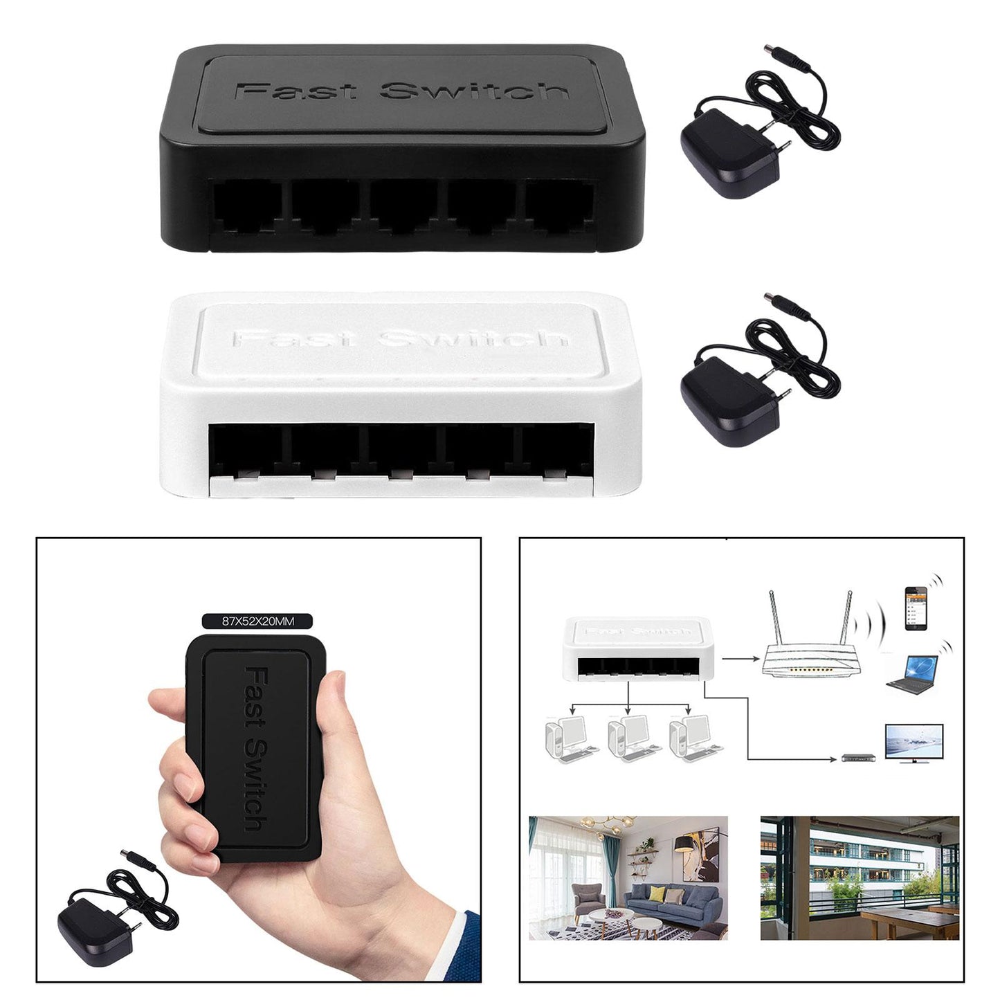 5 Port Gigabit Ethernet Fittings Switcher for Video Machine Home Office Black