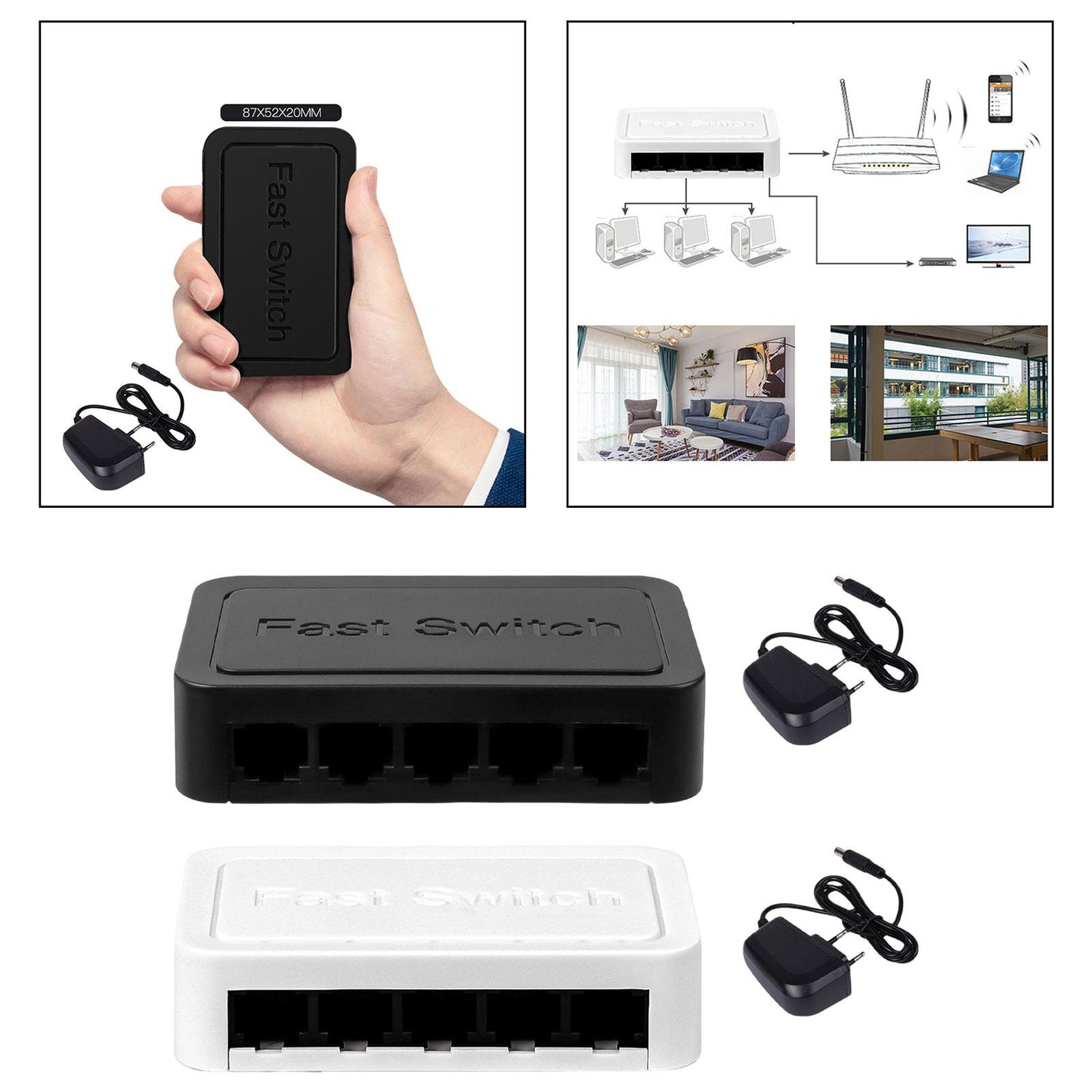 5 Port Gigabit Ethernet Fittings Switcher for Video Machine Home Office Black