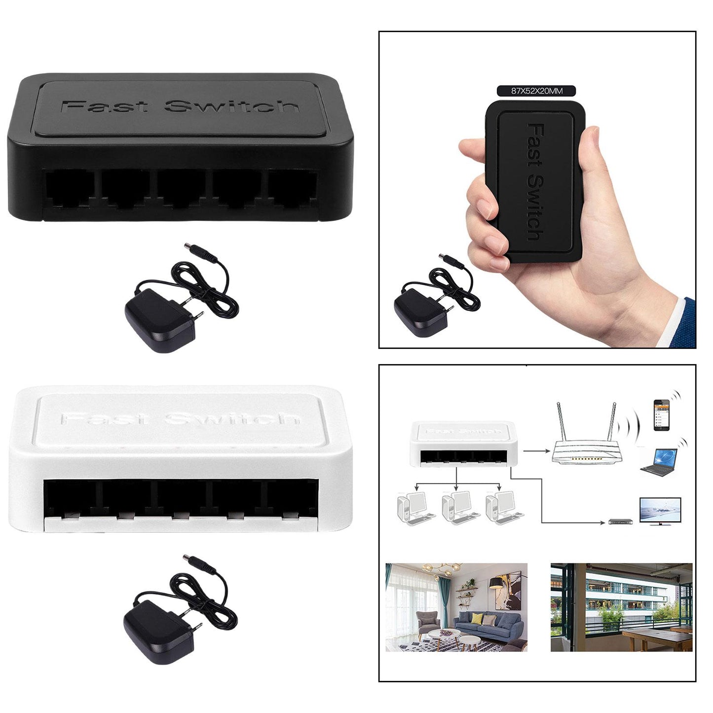 5 Port Gigabit Ethernet Fittings Switcher for Video Machine Home Office Black