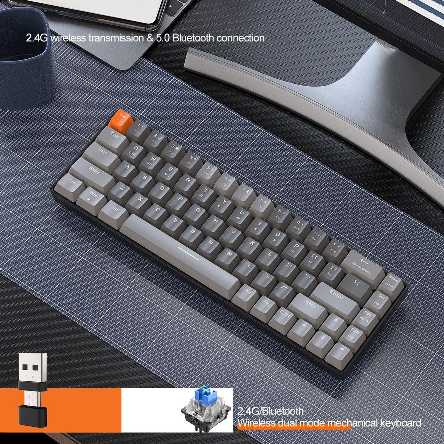 Mechanical Keyboard 2 Connection Methods PBT Key Caps Keypad for Laptop Style D