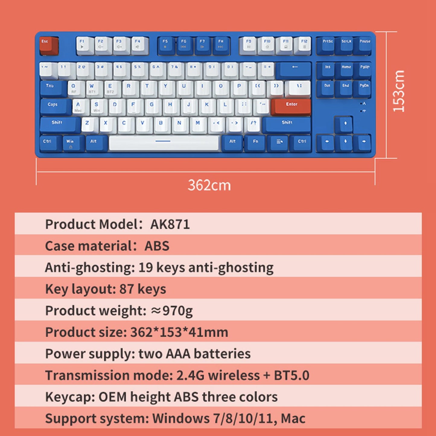 AK871 Mechanical Keyboard with A TKL Layout 87 Keys Wireless Office Keyboard Style A