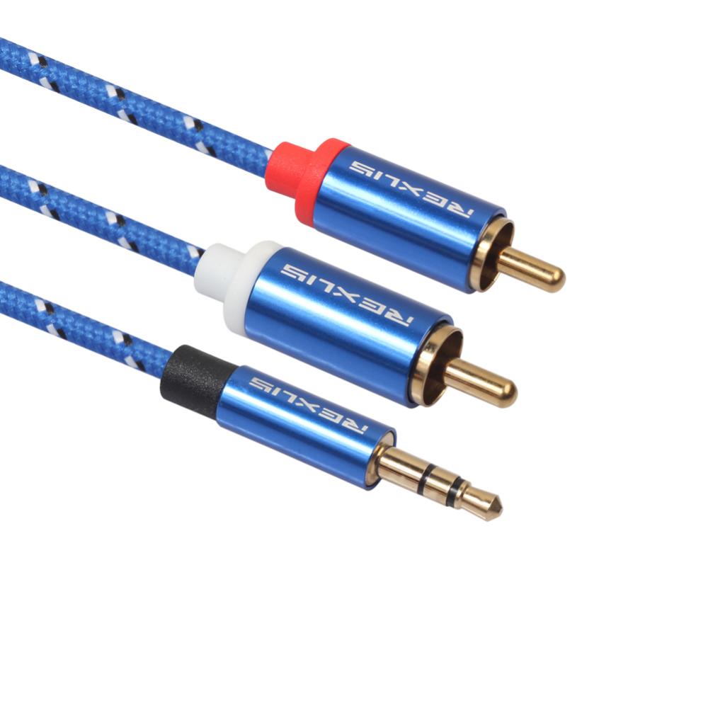 Blue Braided 1/8'' Jack 3.5mm Stereo Male to 2 RCA Male Audio Cable 1.8m