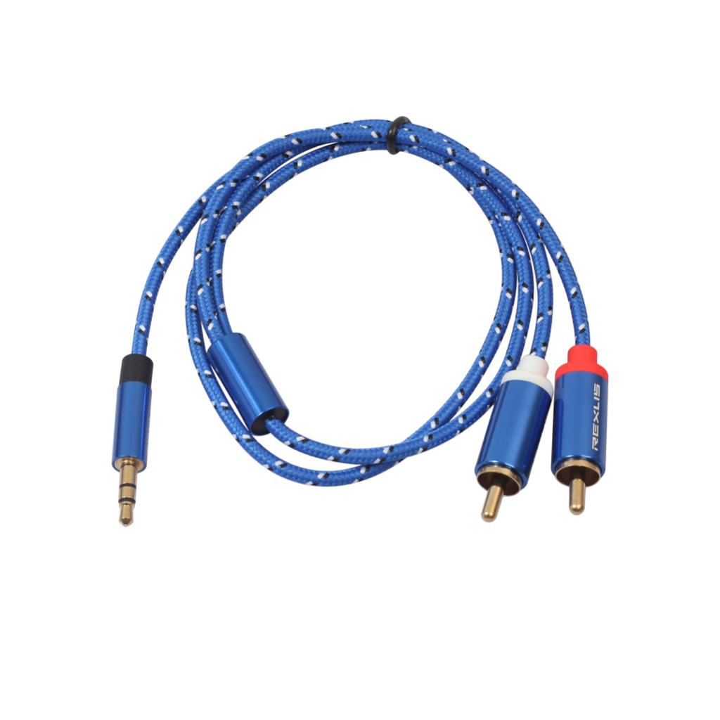 Blue Braided 1/8'' Jack 3.5mm Stereo Male to 2 RCA Male Audio Cable 1m