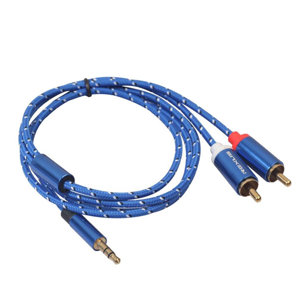 Blue Braided 1/8'' Jack 3.5mm Stereo Male to 2 RCA Male Audio Cable 1m