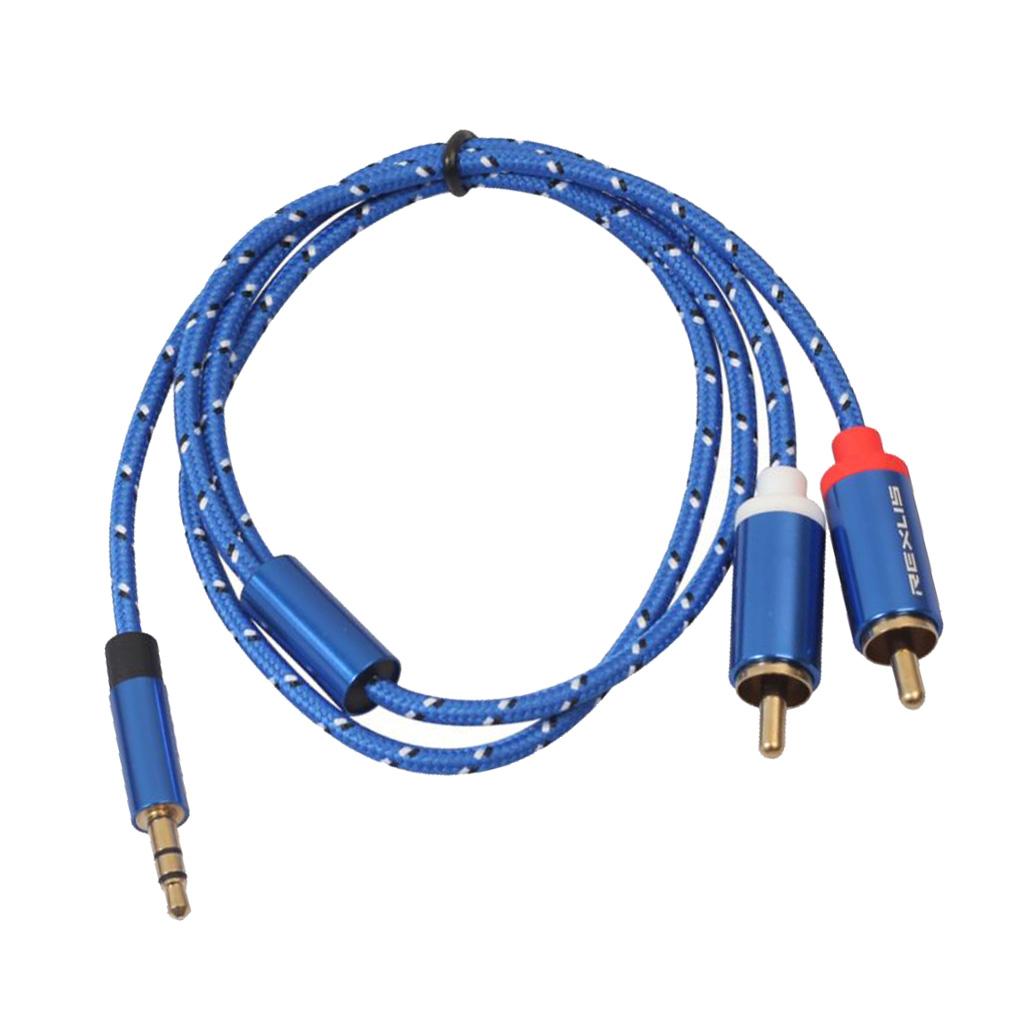 Blue Braided 1/8'' Jack 3.5mm Stereo Male to 2 RCA Male Audio Cable 0.5m