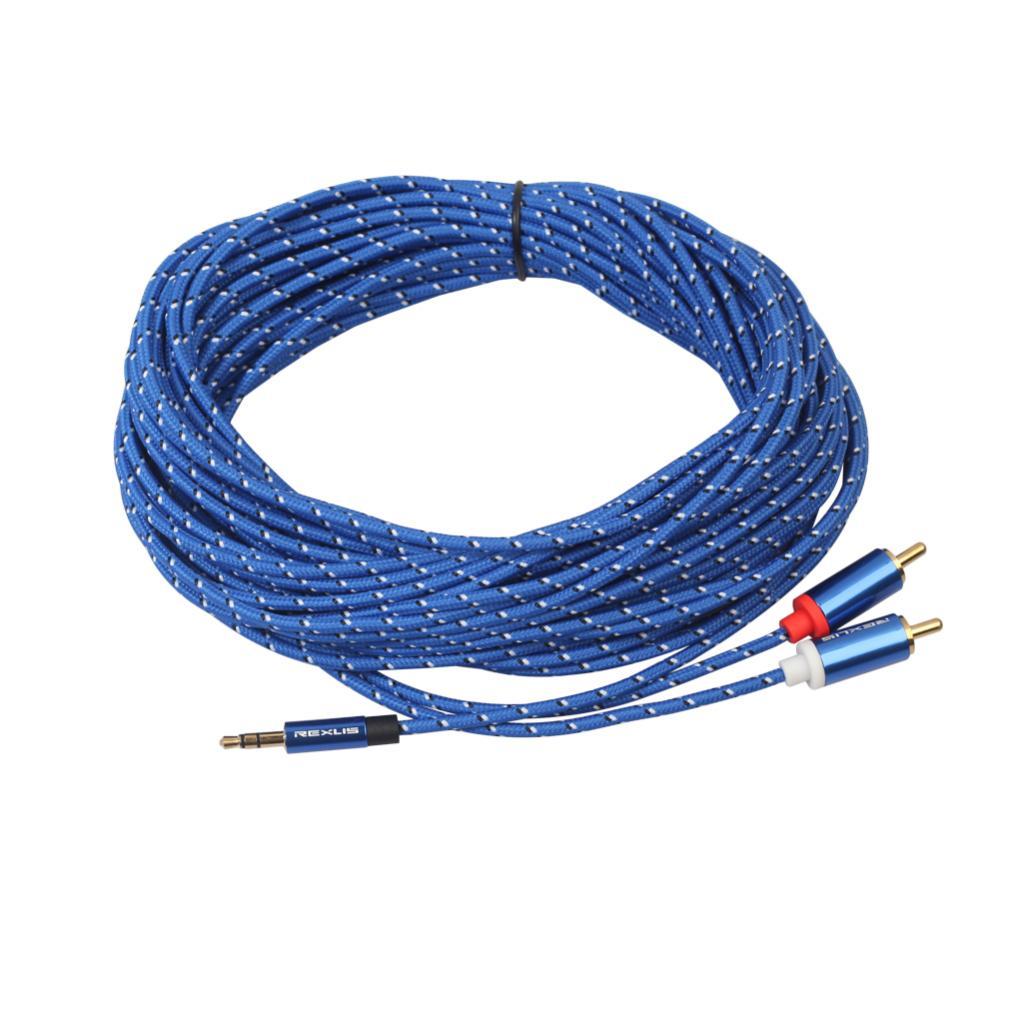 Blue Braided 1/8'' Jack 3.5mm Stereo Male to 2 RCA Male Audio Cable 15m