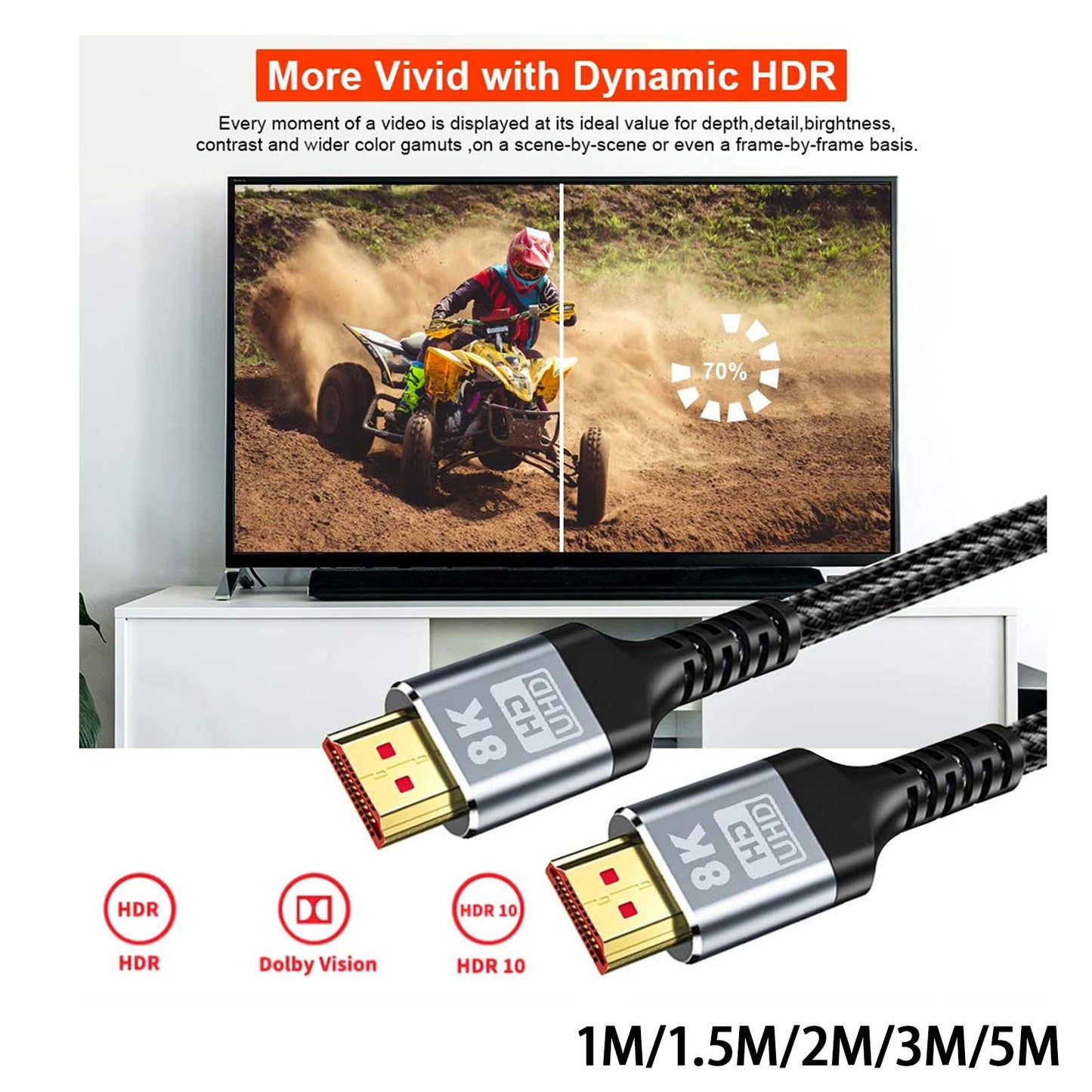 8K HDMI Cable 48Gbps Dynamic HDR High Speed for Projector Monitor 1 Meter