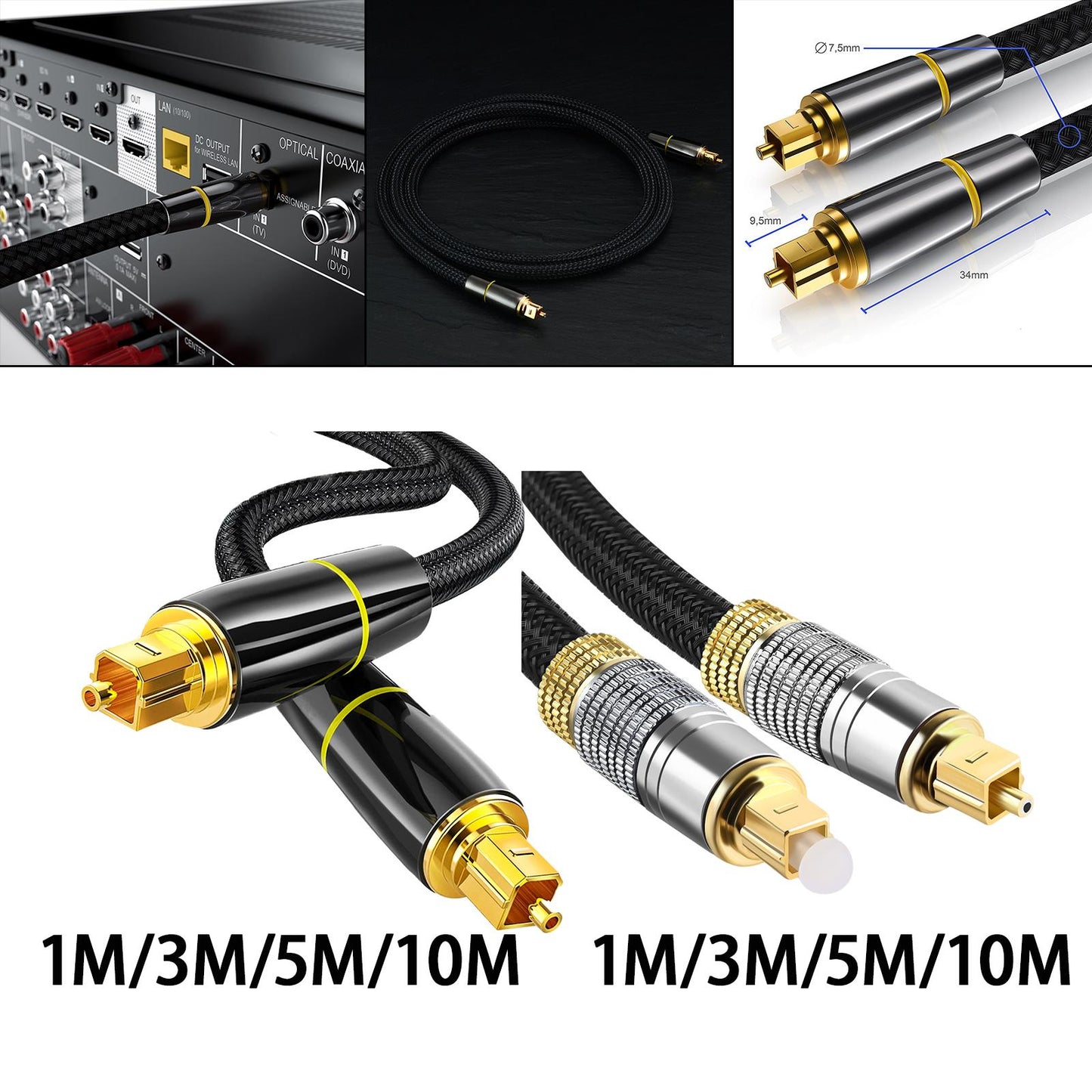 Optical Audio Cable Nylon Braided Male to Male for Soundbar Blue Ray Player yellow circle 1m
