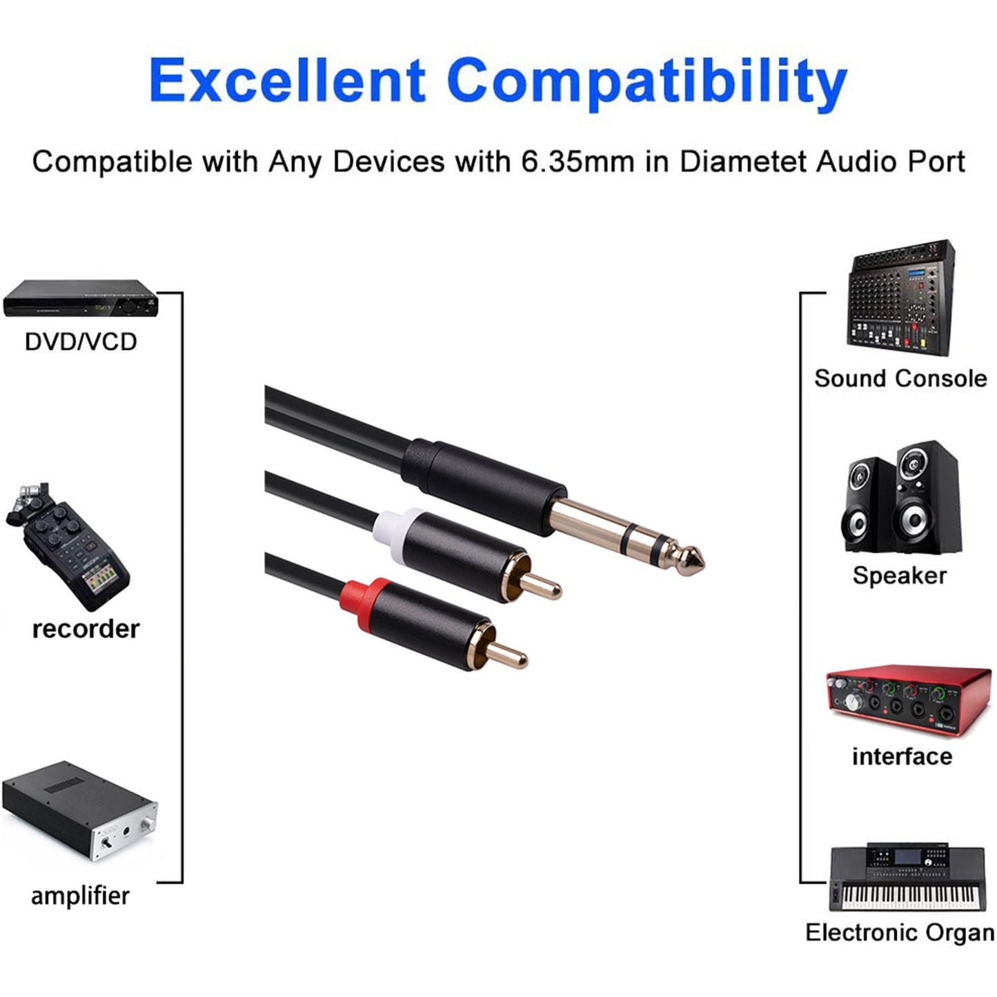 Audio Metal 3.5mm Stereo Jack to 2 RCA Phone Cable 6.35mm to 2RCA Cable 1.5M