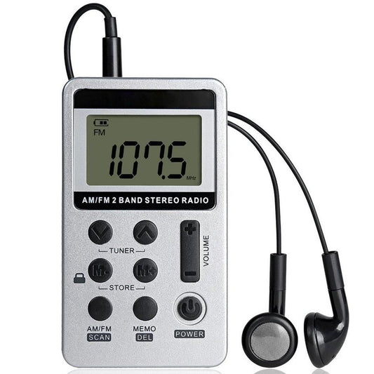 HRD-103 FM + AM Two Band Portable Radio with Lanyard & Headset (Silver)