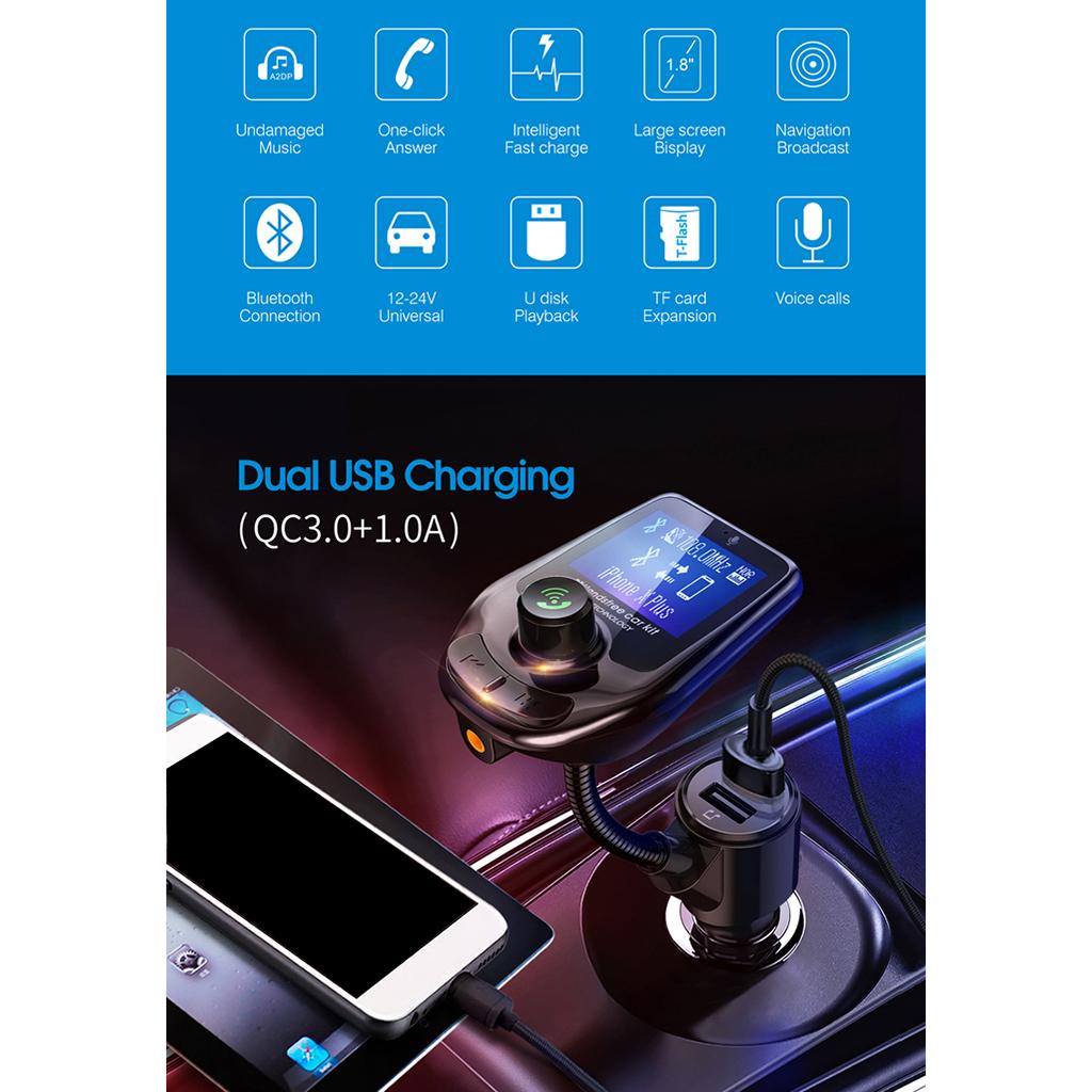 In-Car Bluetooth FM Transmitter Radio Adapter 3.0 Inch Display Audio Players black