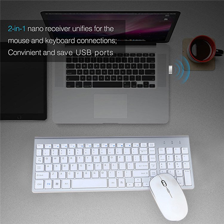 Compact Full-size Mute 2.4G Wireless Keyboard Mouse Combo Set - White
